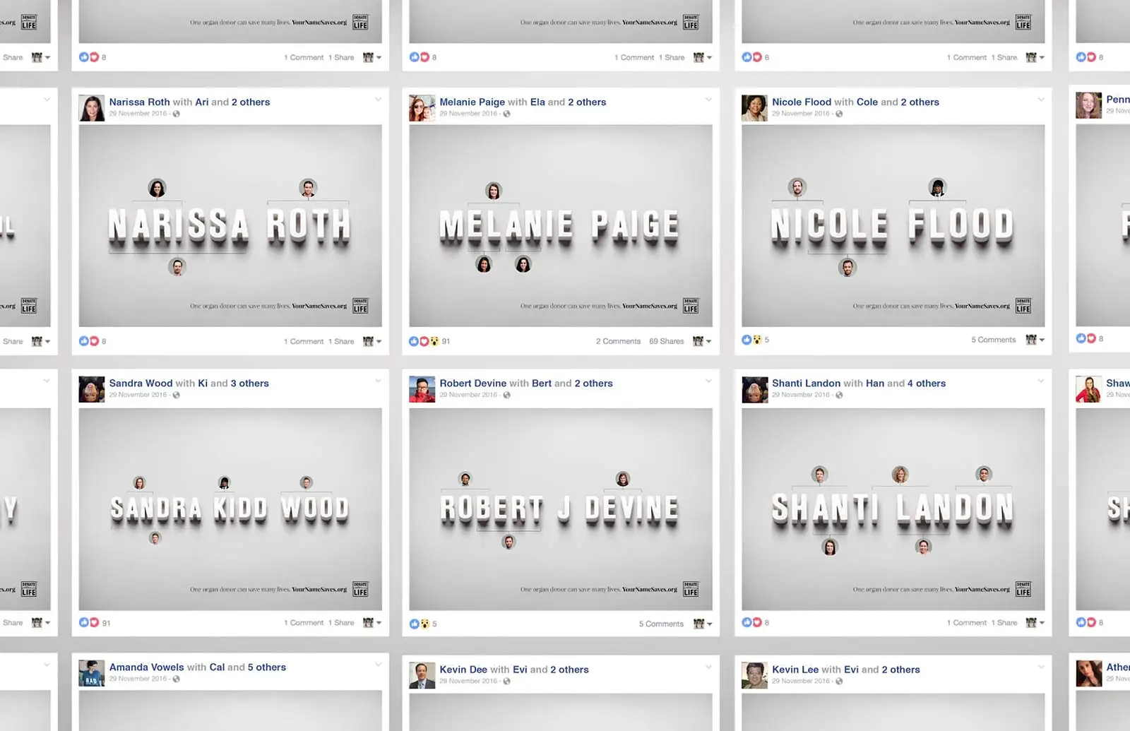 A grid of personalized name posts shared on Facebook