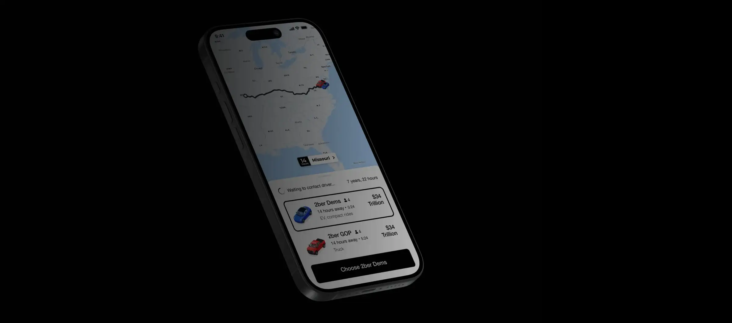 A phone floating on black showing the 2ber rideshare app: a map with a route and only two ride options