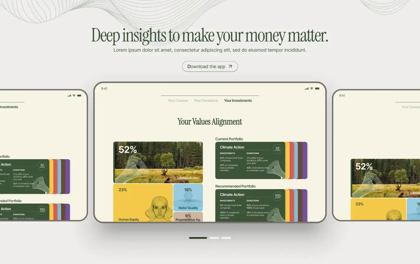 Causeway website section titled “Deep insights to make your money matter,” with three tablet screens showing a values alignment report and portfolio cards