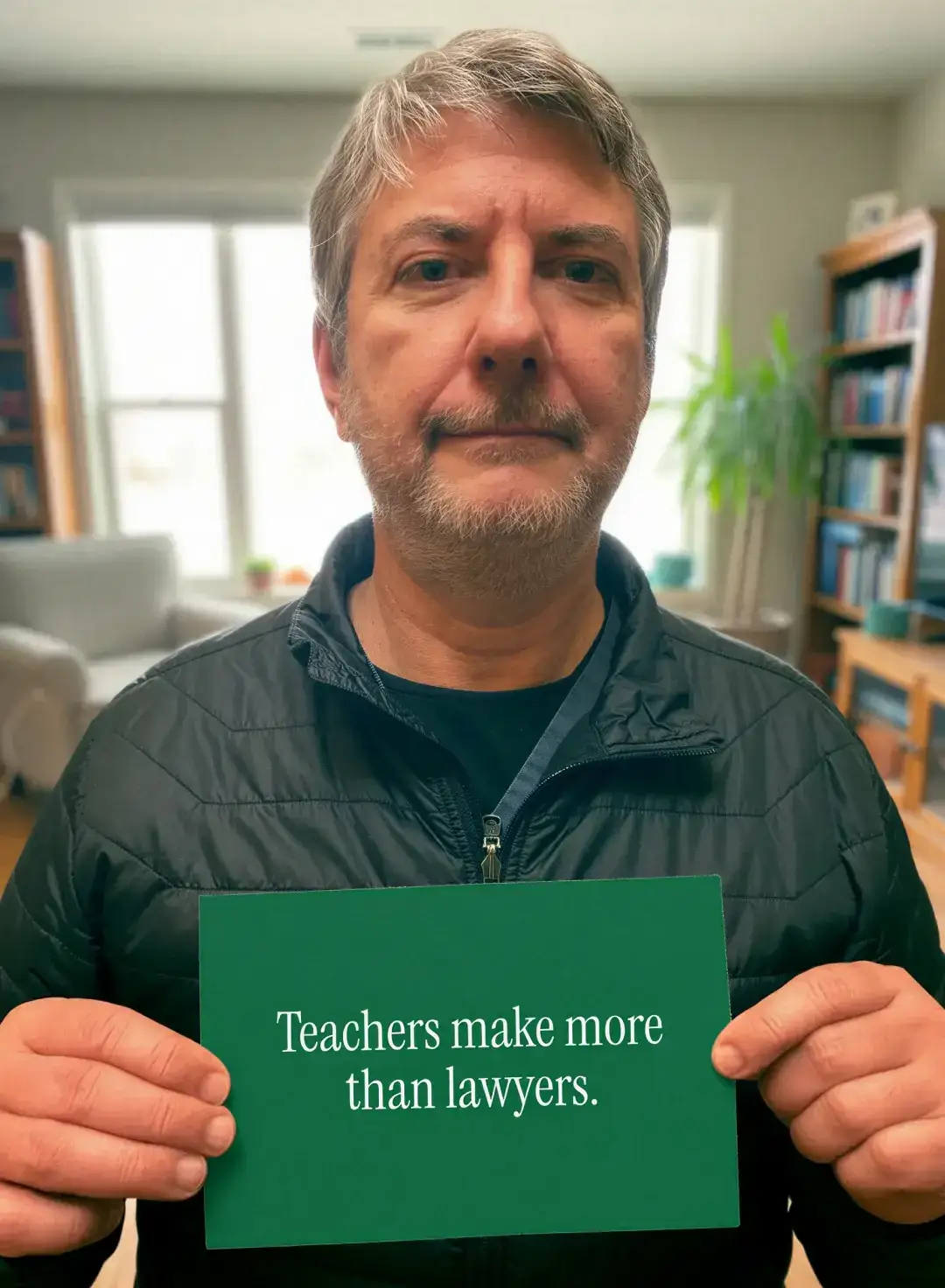 A man in a home office holds a card reading “Teachers make more than lawyers”