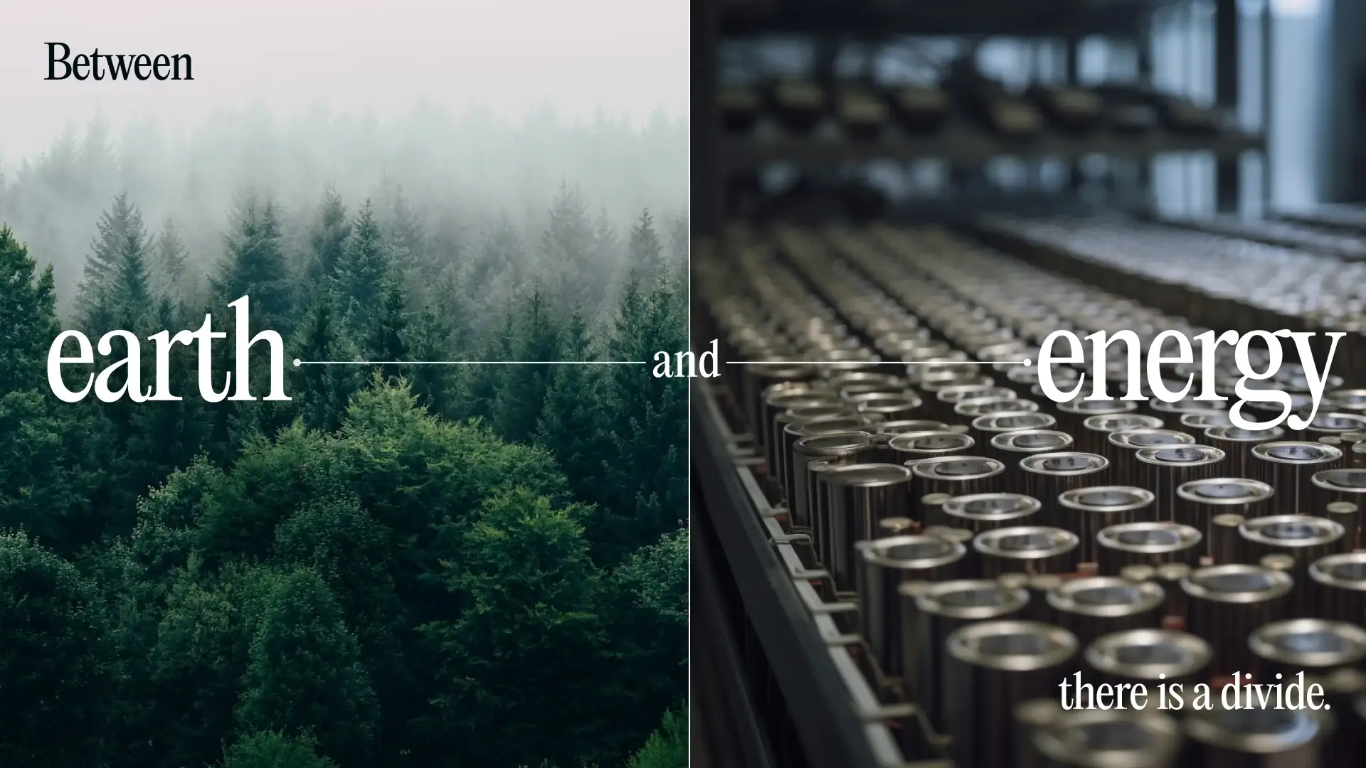 Brand concept frame: misty forest beside rows of batteries, between the words “earth” and “energy”