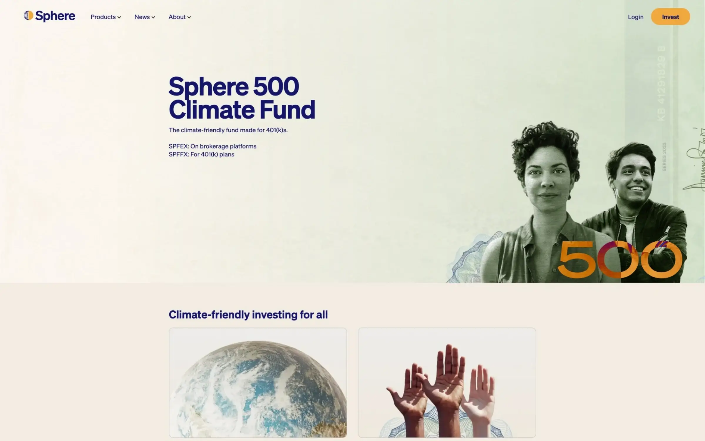 The Sphere 500 Climate Fund page: navy headline, the ticker symbols, and engraved-style portraits of two smiling people with an orange “500”