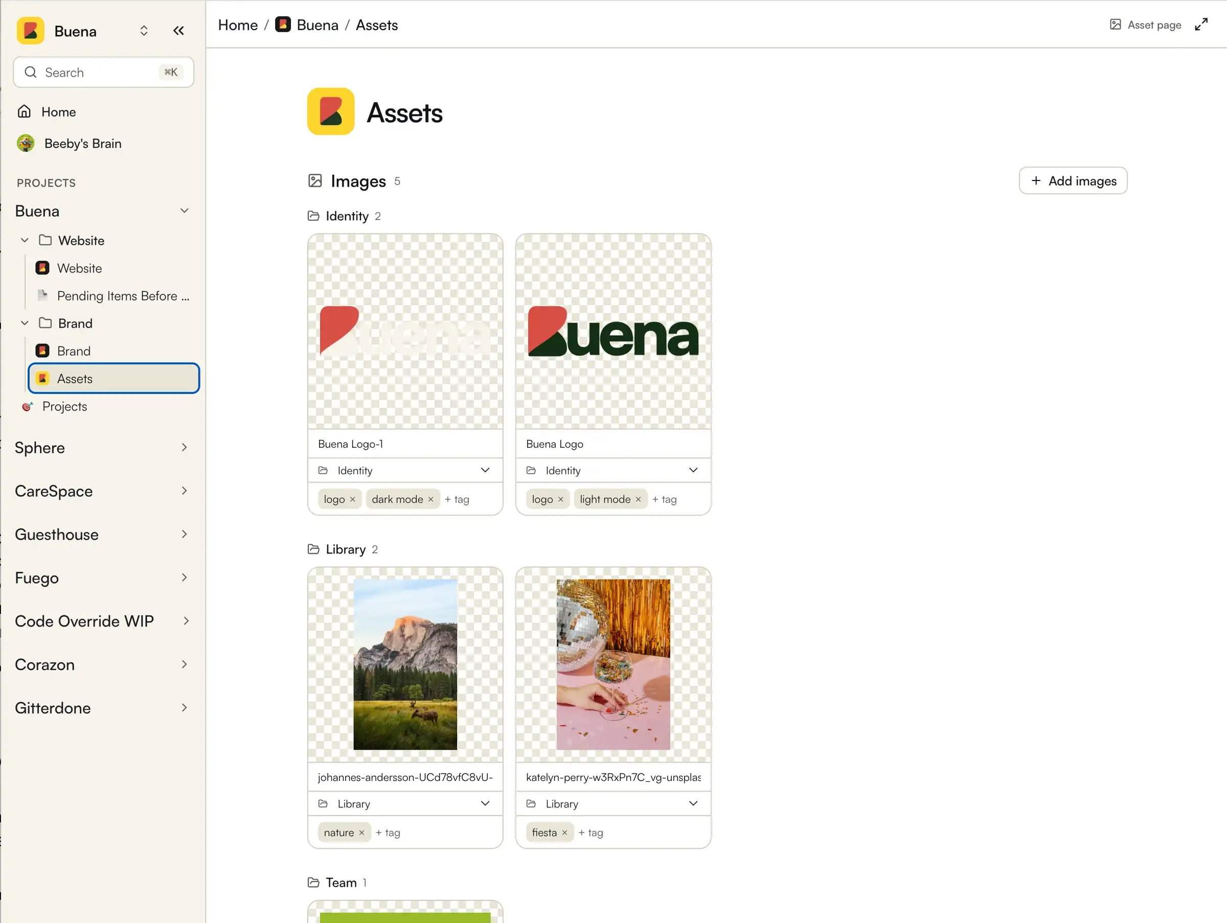 Corazón’s assets screen: a sidebar of projects and a library of Buena brand images and logos