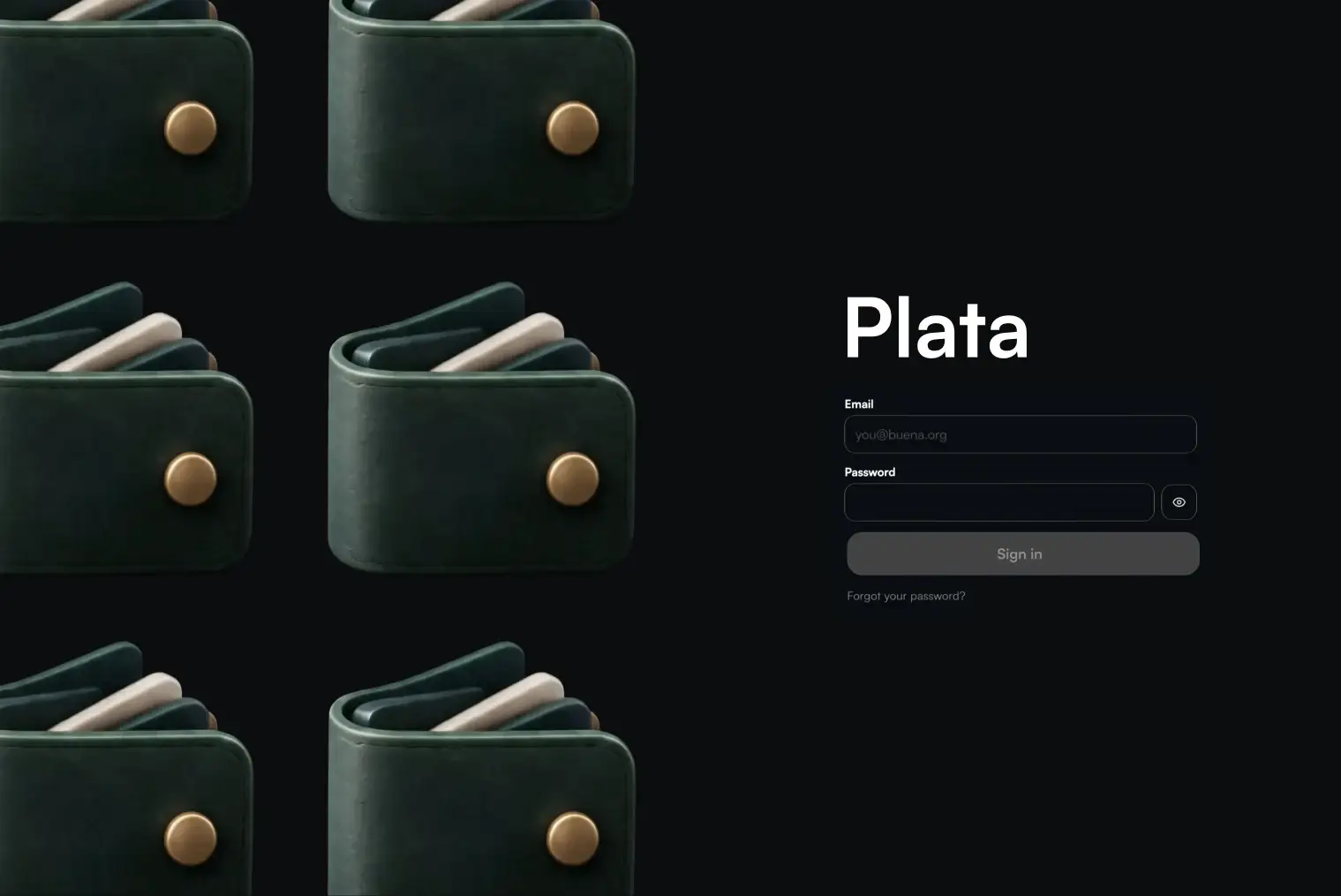 Plata’s dark sign-in screen beside a grid of green 3D wallets