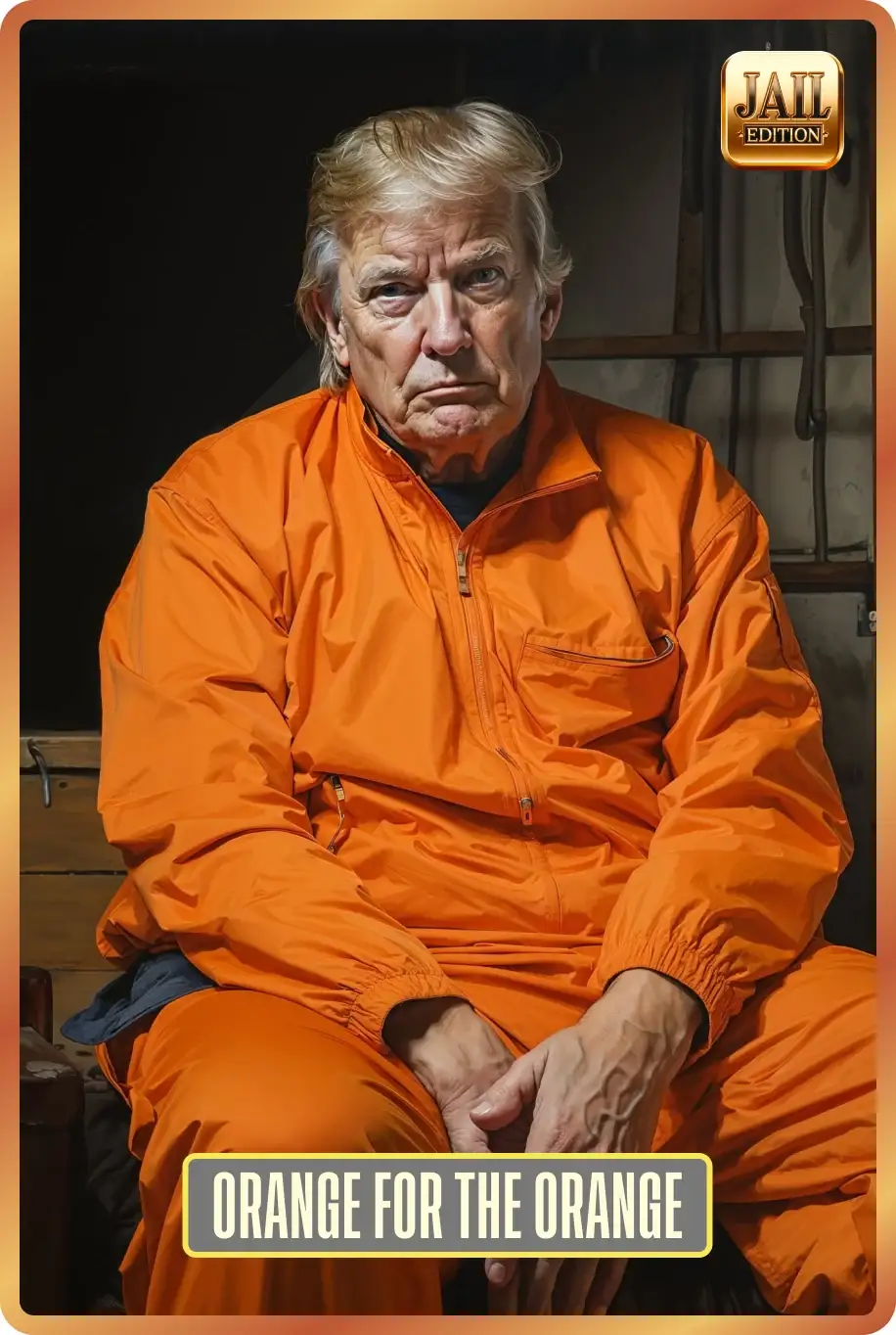 Jail Edition card 'Orange for the Orange': a painted Trump in an orange jumpsuit