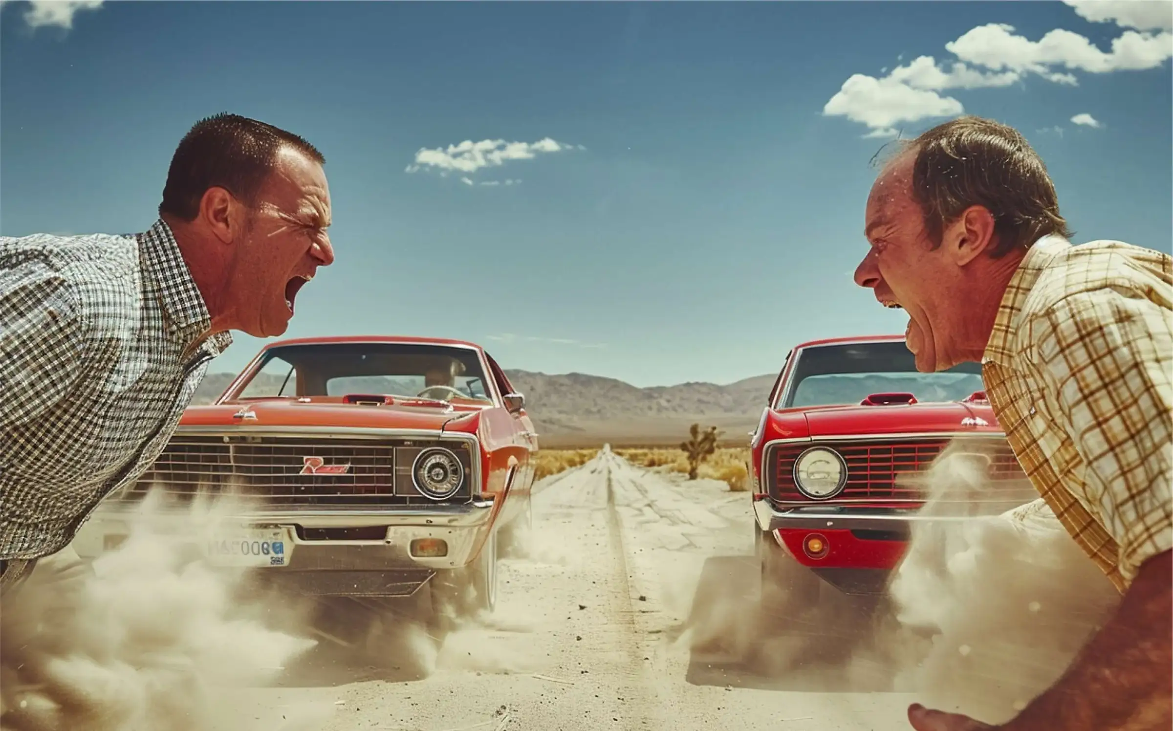 'The Furious Two' key art: two men and muscle cars in a desert standoff