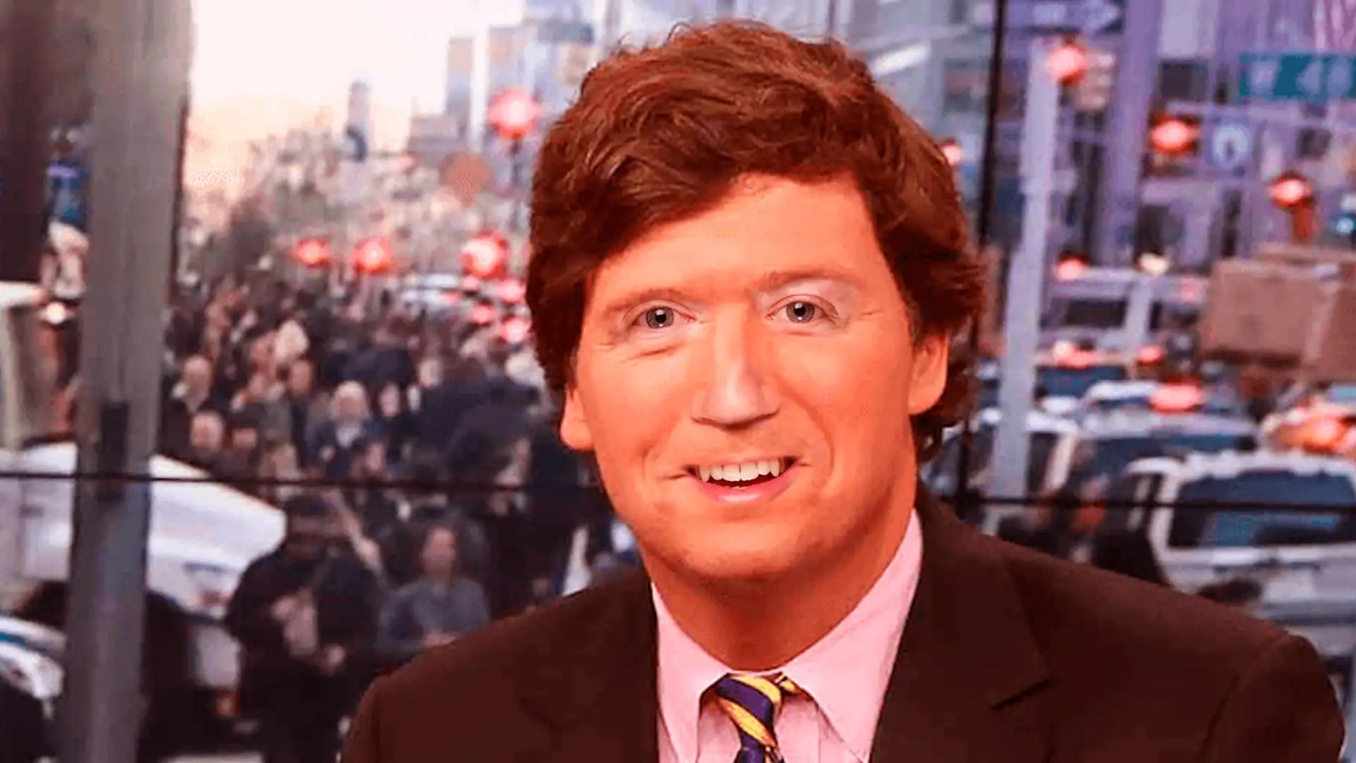 A primetime cable host with Zuckerberg's face, a city street behind him