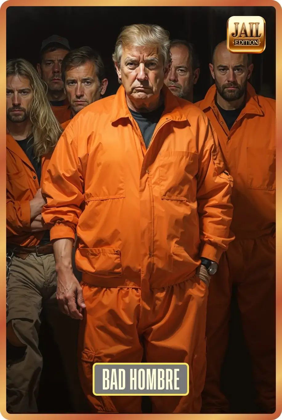 Card 'Bad Hombre': Trump in orange with fellow inmates