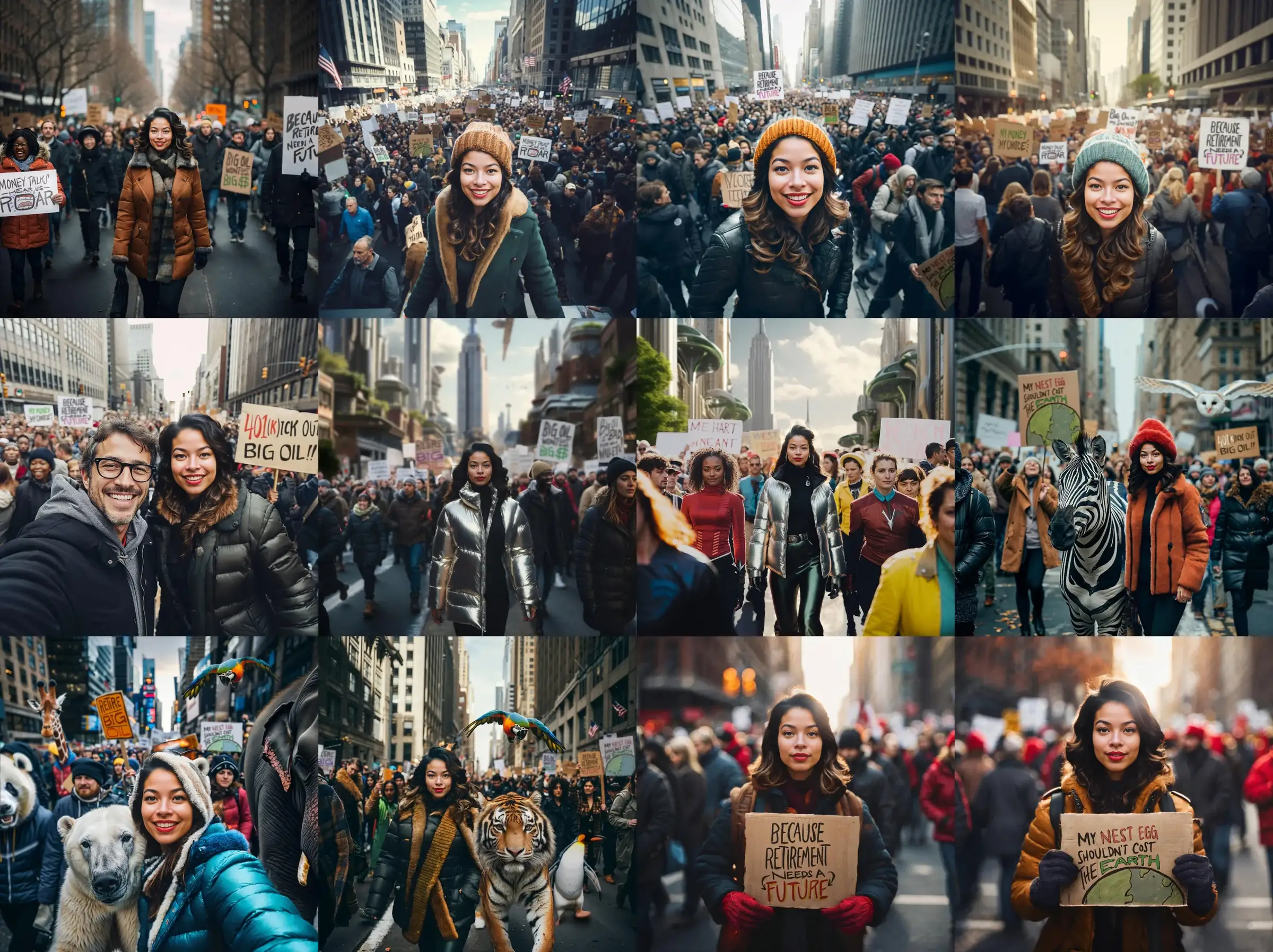 A grid of AI-generated photos of marchers smiling on a crowded Manhattan street, some beside a zebra, a tiger and a polar bear