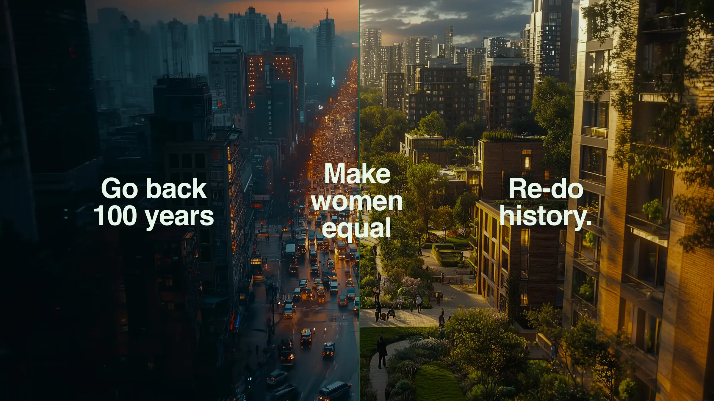 'Go back 100 years. Make women equal. Re-do history.' over a city split between today and the Sheconomy