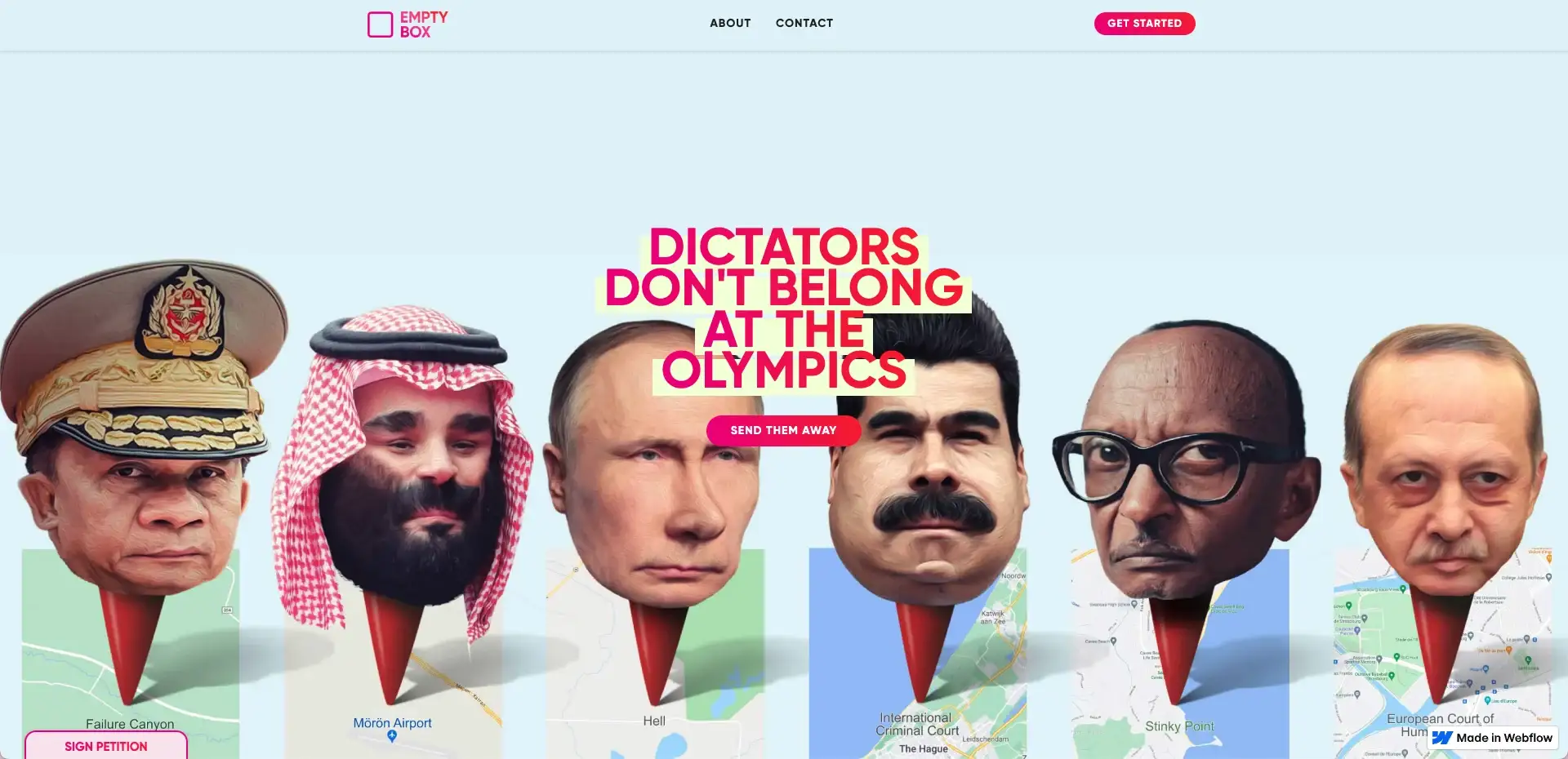 Empty Box homepage: dictators' faces as map pins under 'Dictators don't belong at the Olympics'