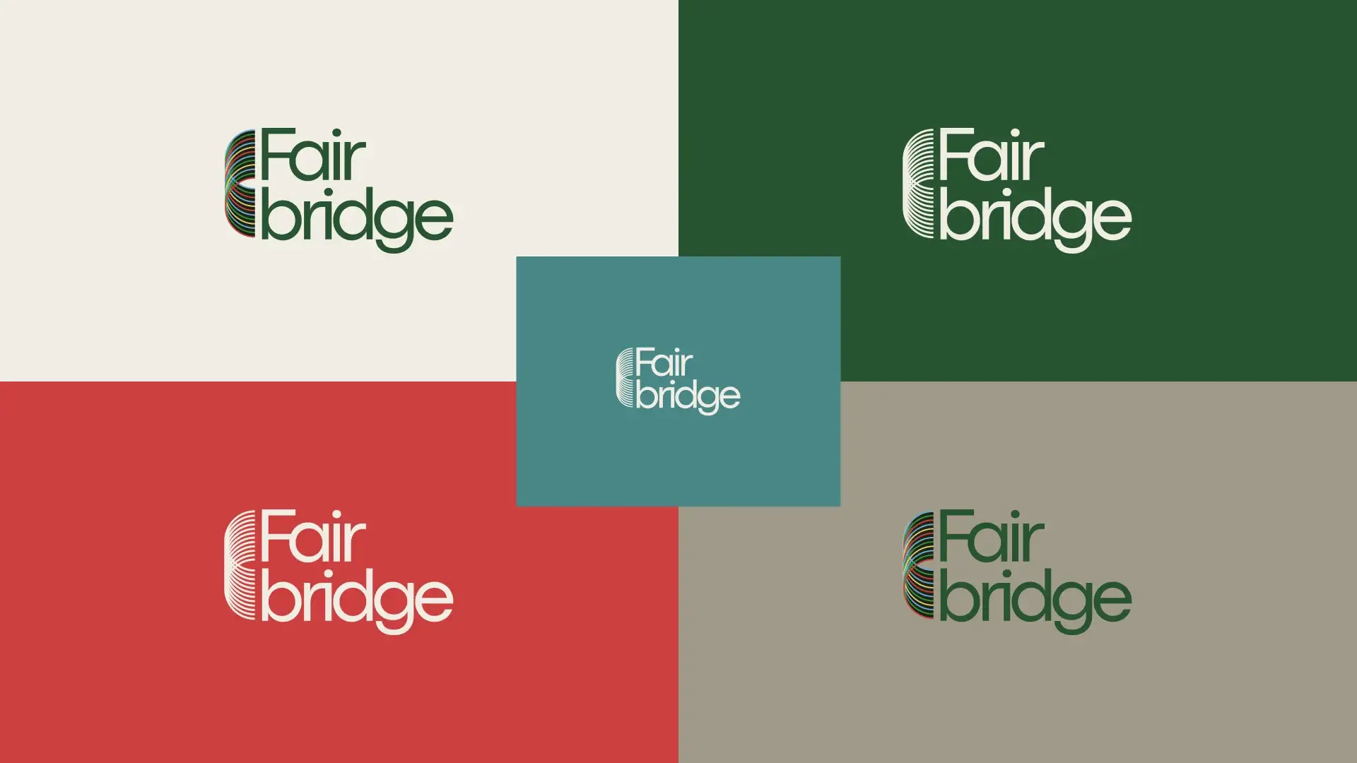 Fairbridge logo in four colorways: cream, forest green, red, stone