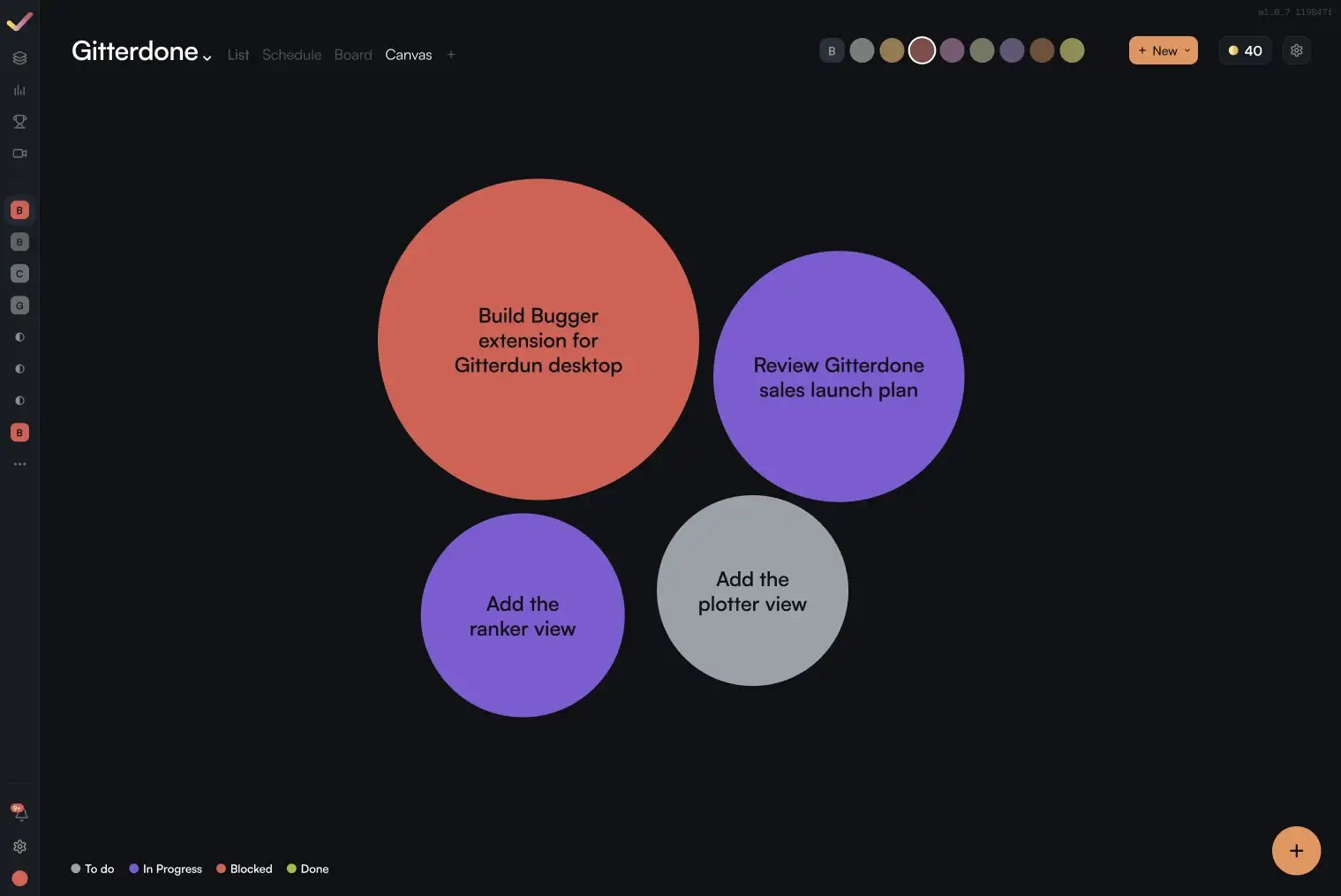 Gitterdone canvas view: the week's tasks as bubbles, color-coded by project