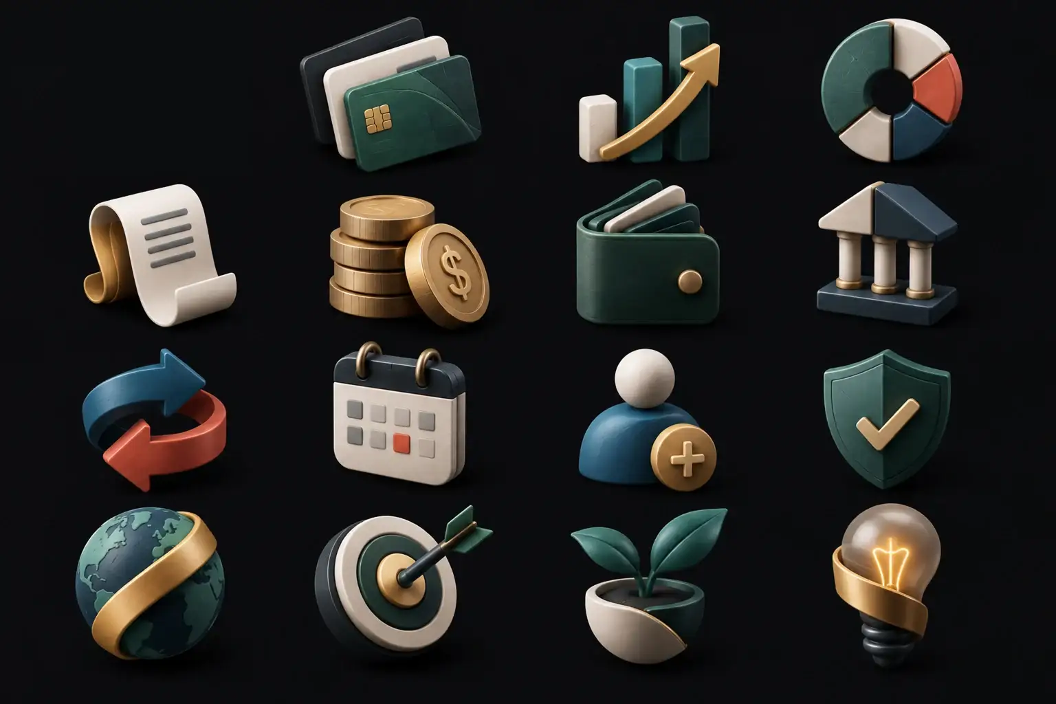 Plata’s set of 3D finance icons on black: wallets, coins, a bank, charts and a shield
