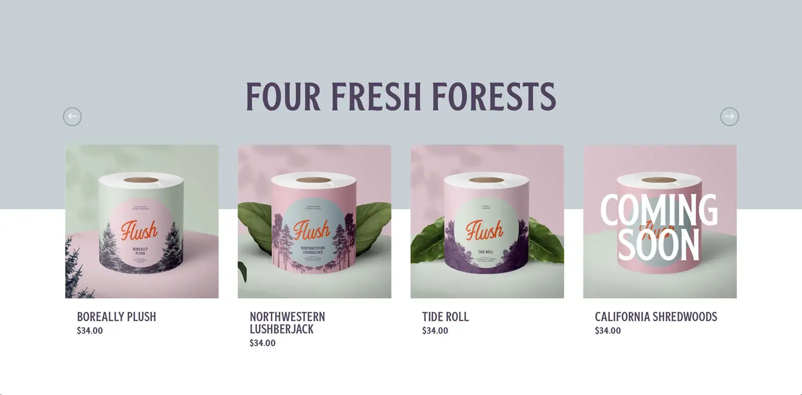 Flush website product grid: Four Fresh Forests rolls