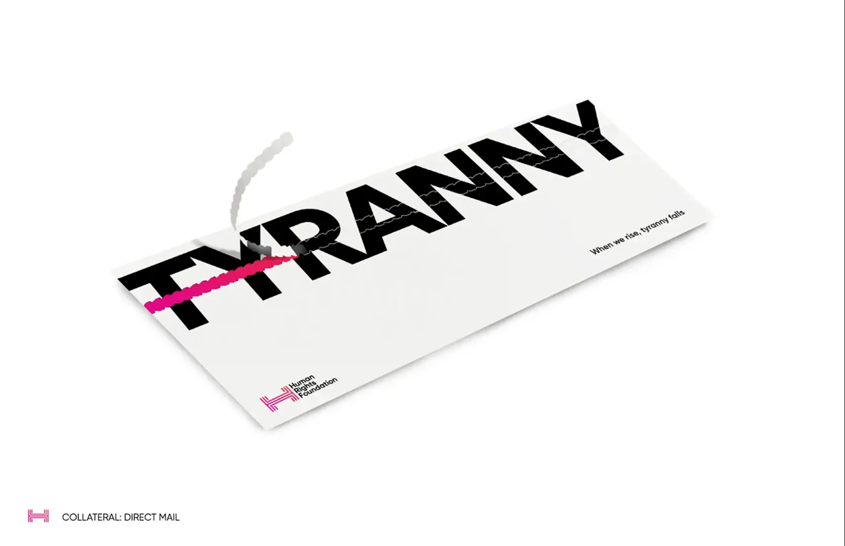 Direct mail piece with the word 'Tyranny' struck through by an HRF line