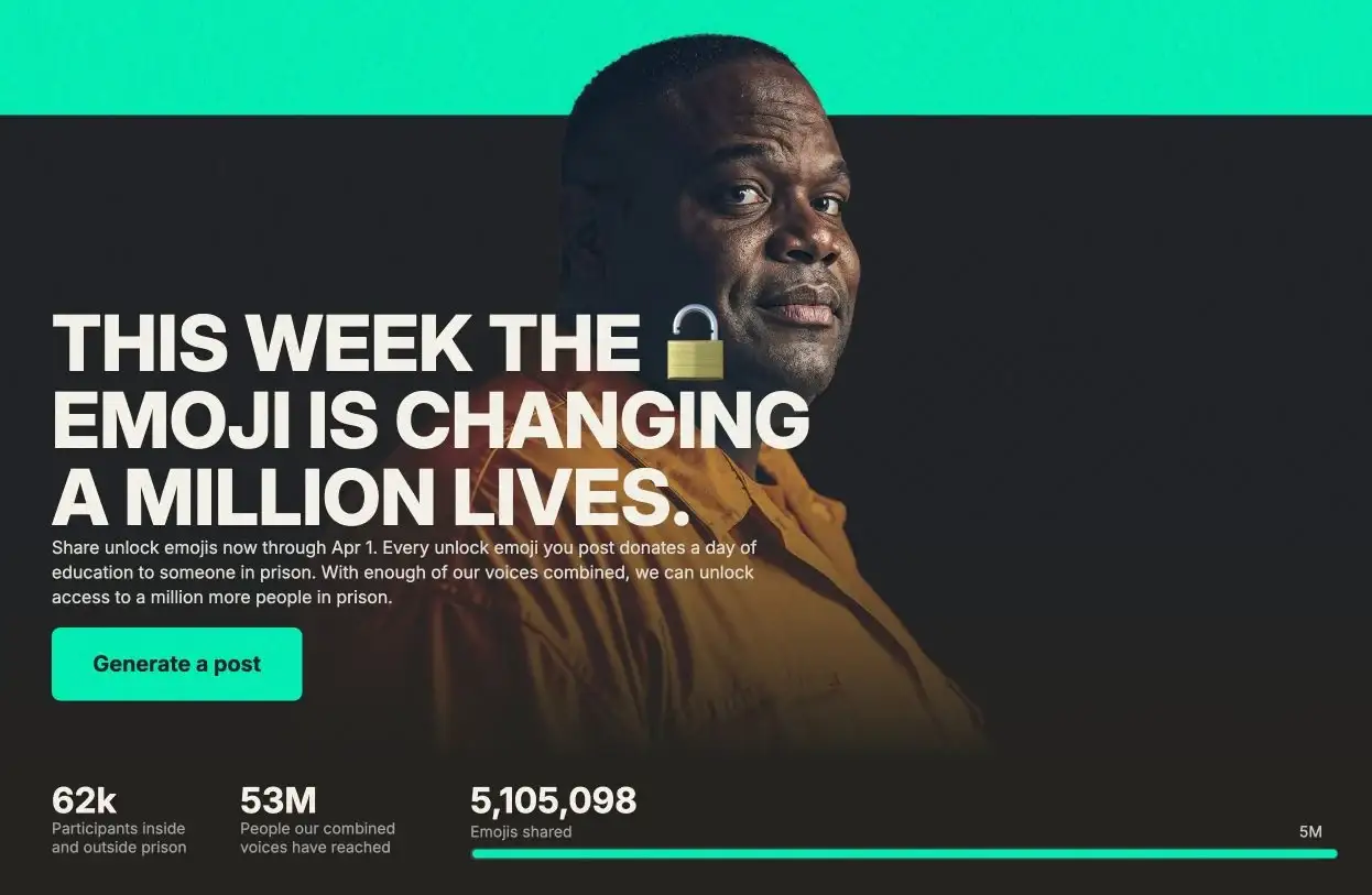 unlockday.org mid-week: a man in an orange prison shirt beside the headline ‘This week the 🔓 emoji is changing a million lives’, with counters for 62k participants, 53M reached and 5,105,098 emojis shared
