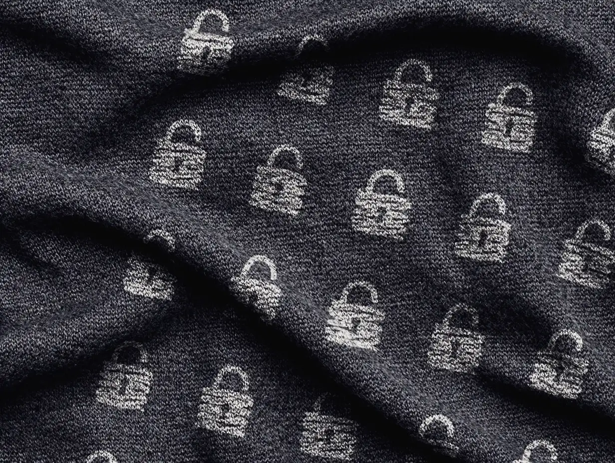 Close-up of dark heather fabric printed with small white lock icons