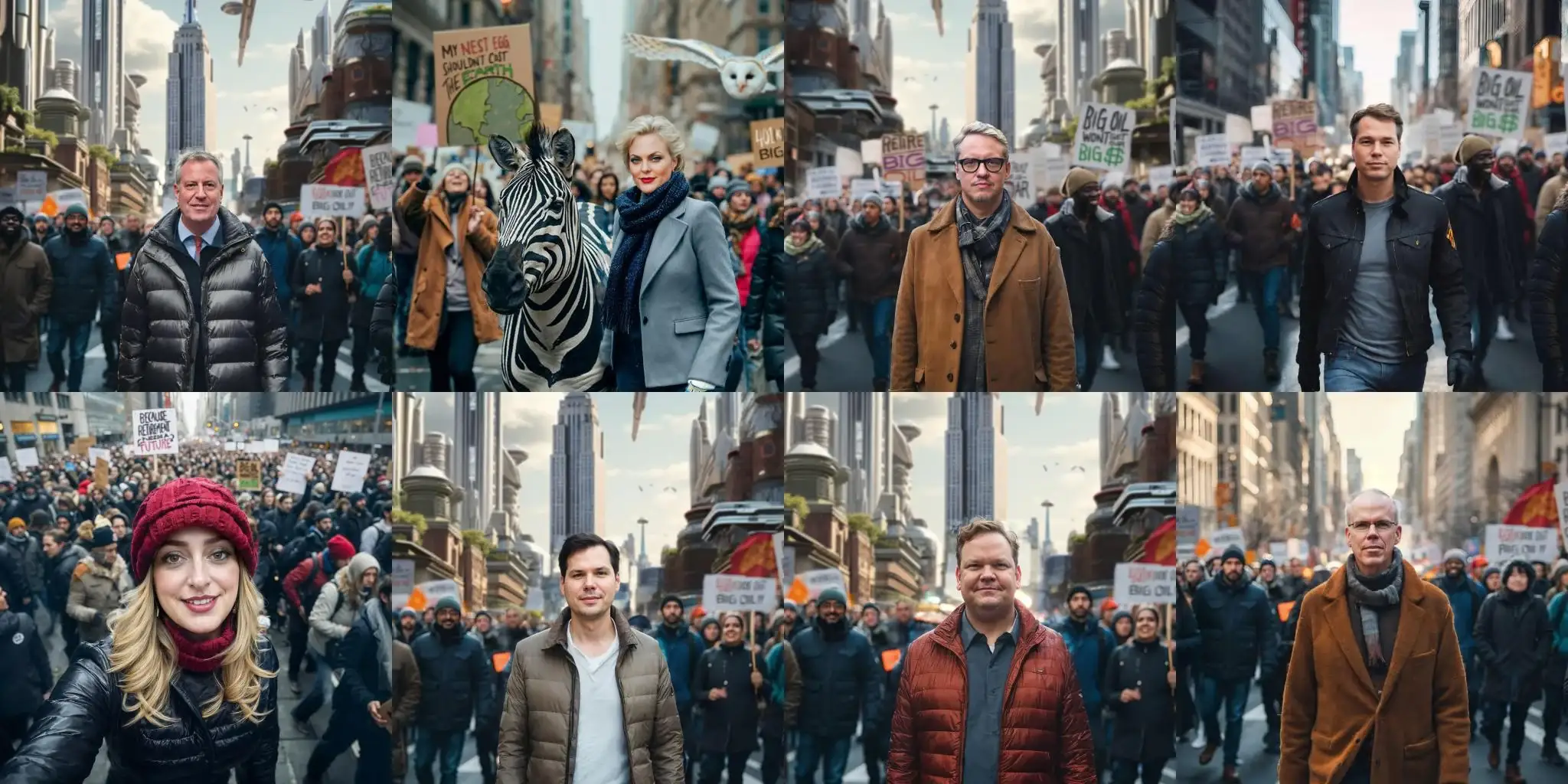 Key participants rendered into the march down a crowded New York street