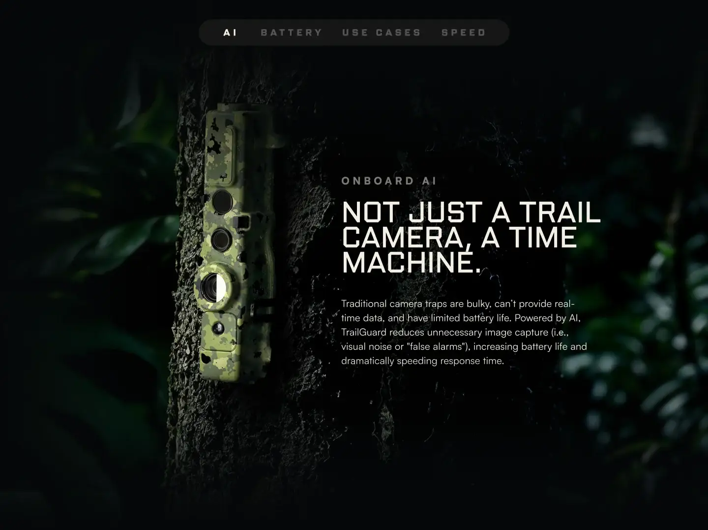Site section: 'Not just a trail camera, a time machine', with the TrailGuard camera on a tree