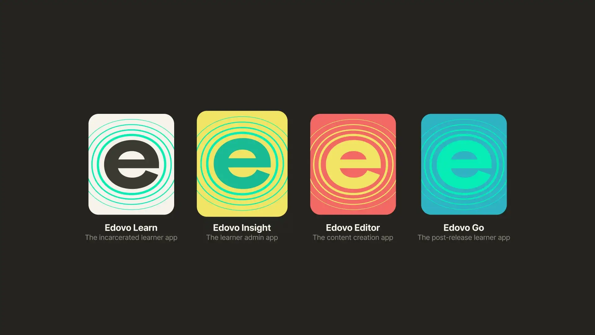 The Edovo product family: Learn, Insight, Editor and Go app icons, each with ripple rings