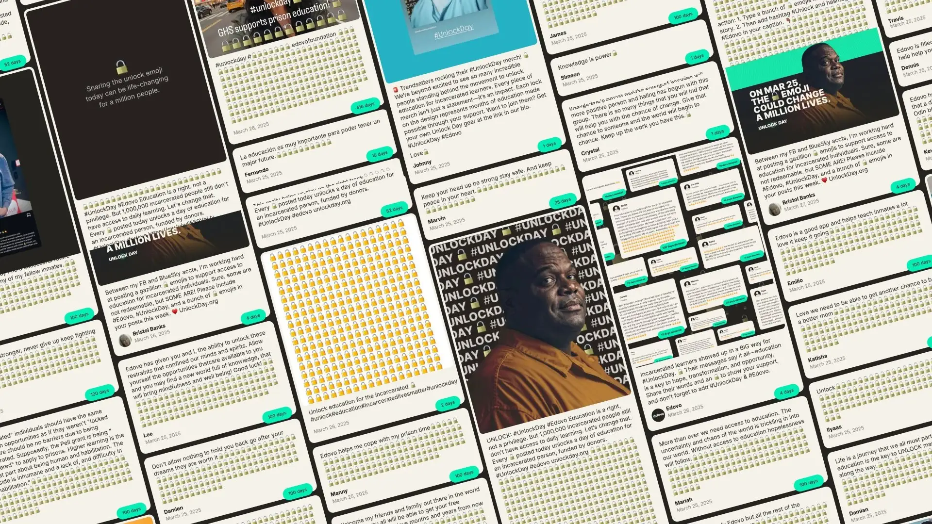 A wall of Unlock Day posts, each packed with unlock emojis and tagged with the days of education it donated
