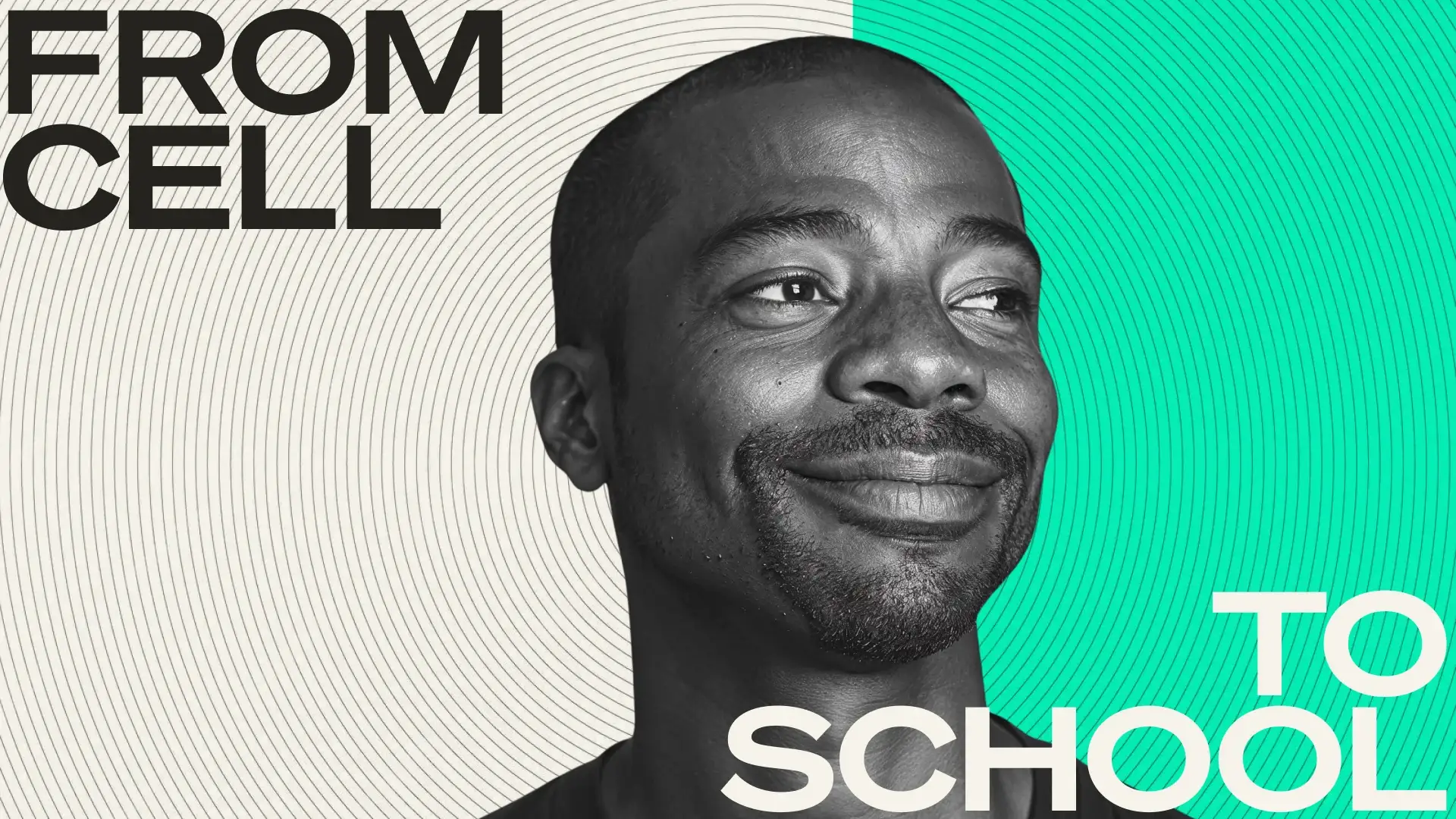 'From cell to school' campaign: a smiling learner's portrait set against the ripple lines