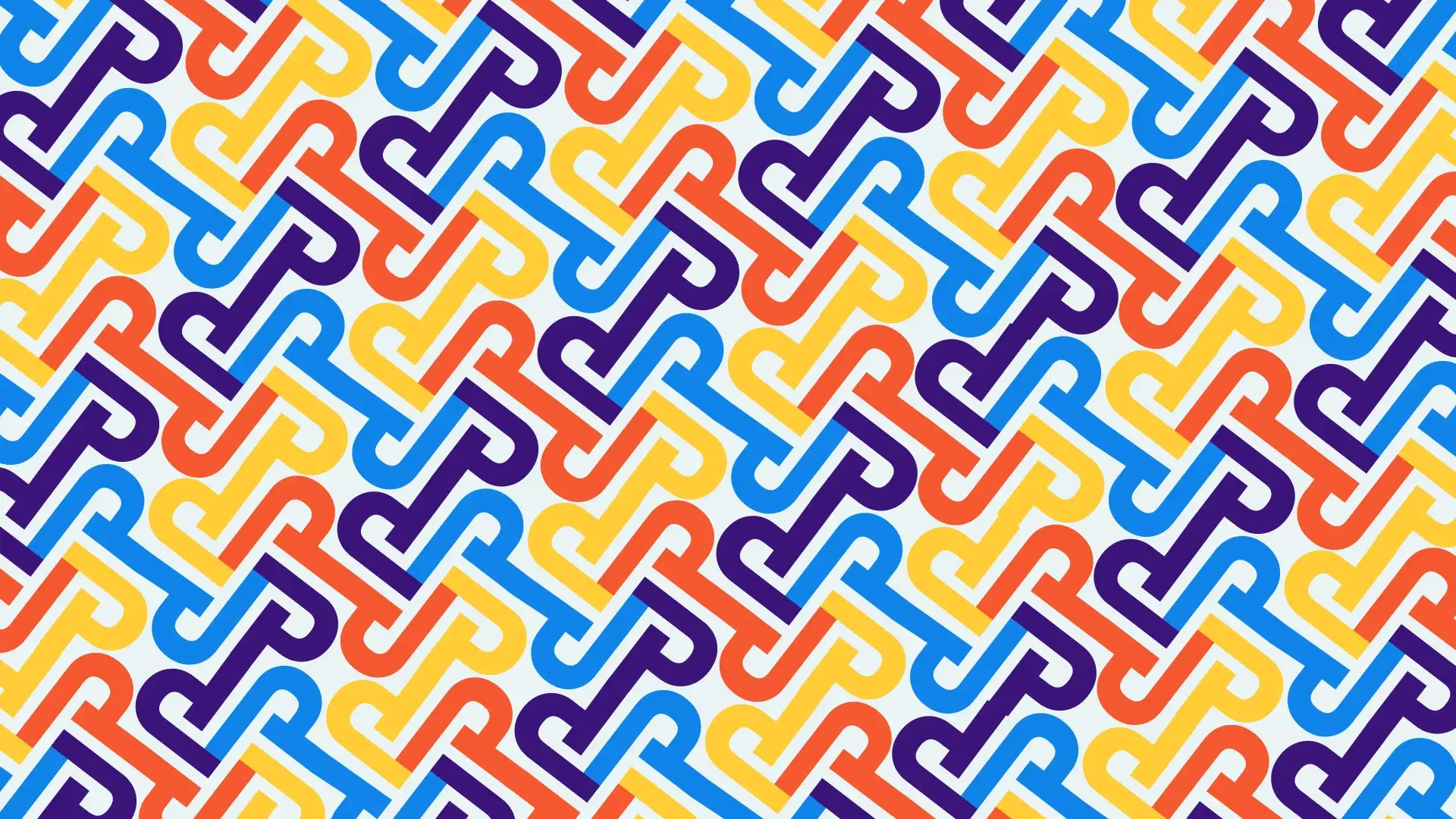 Brand pattern built from the interlocking logomark in purple, orange, yellow and blue