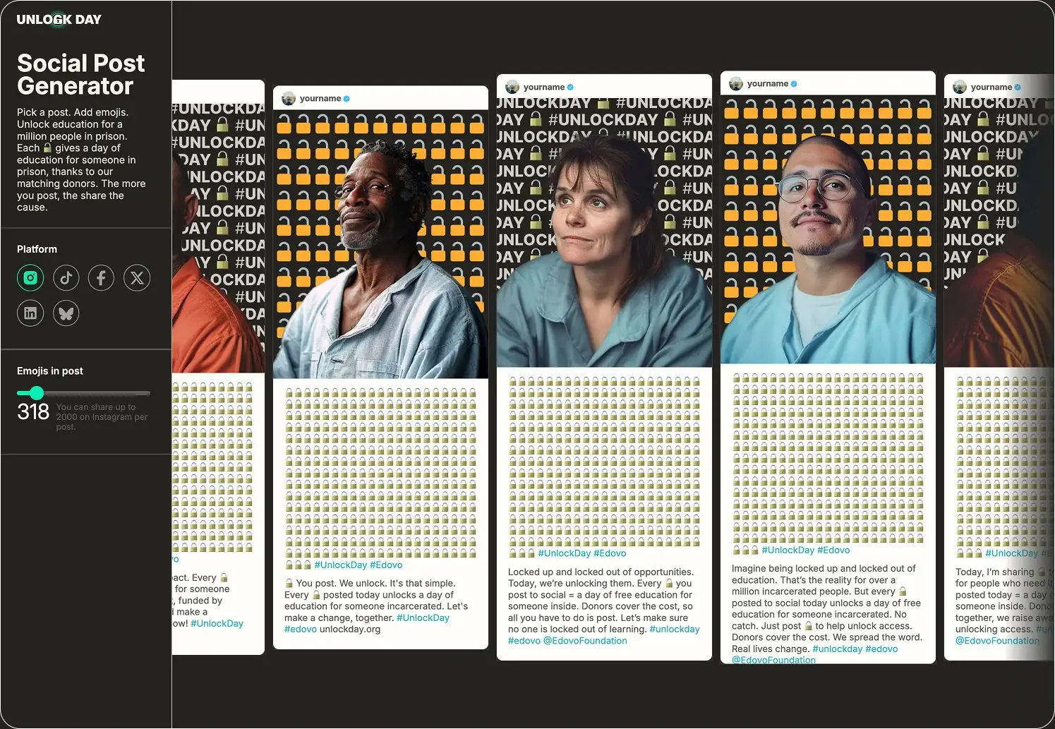 The Social Post Generator on unlockday.org: platform buttons for Instagram, TikTok, Facebook, X, LinkedIn and Bluesky, an emoji slider set to 318, and ready-made posts with portraits and walls of lock emojis
