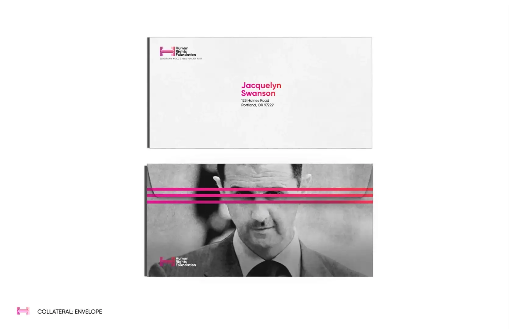 Envelopes with activist photography and HRF lines (p.74)