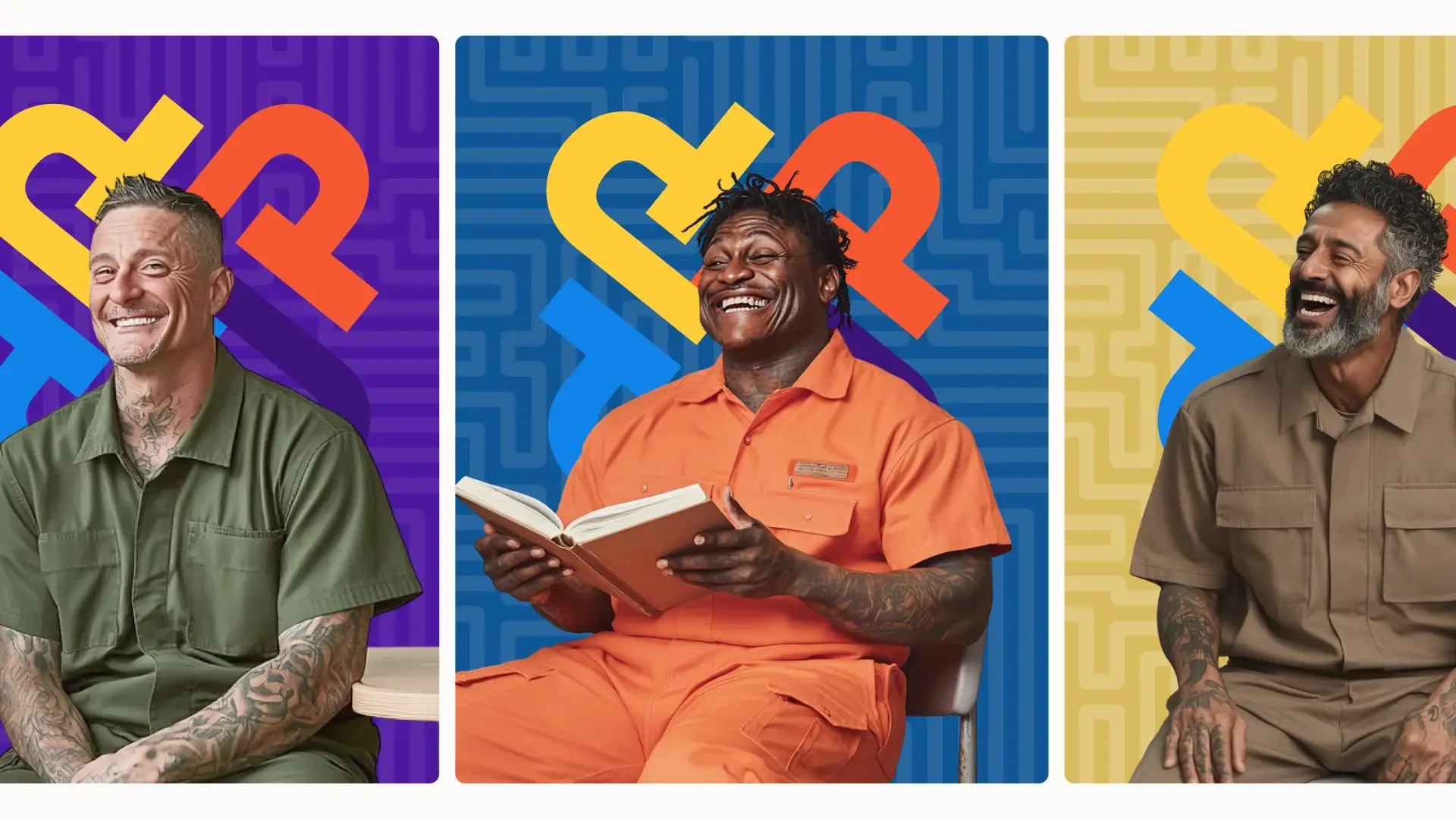 Photography direction: three men in prison uniforms, smiling, against the brand colors