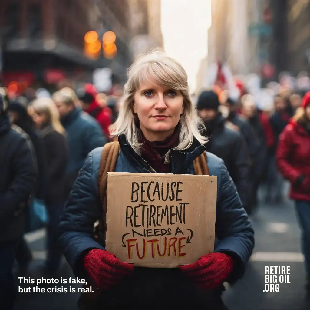 A generated marcher holds a cardboard sign reading ‘Because retirement needs a future’, with the watermark ‘This photo is fake, but the crisis is real’