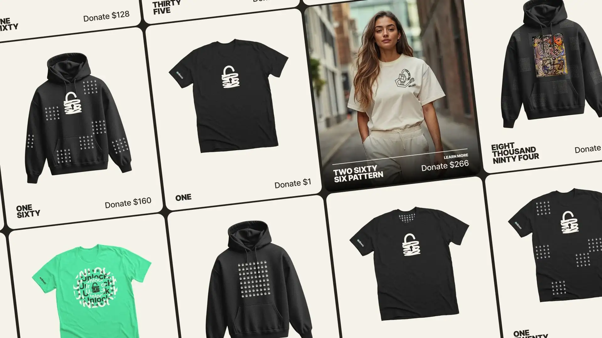 The Unlock gear lineup on cream cards: hoodies and tees labeled One Sixty, One, Two Sixty Six Pattern and Eight Thousand Ninety Four, with their donation prices