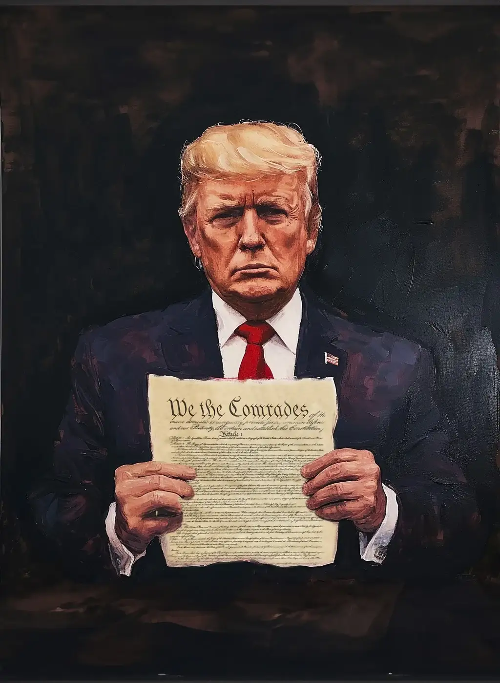 Trump holding a 'We the Comrades' document (unlabeled art)