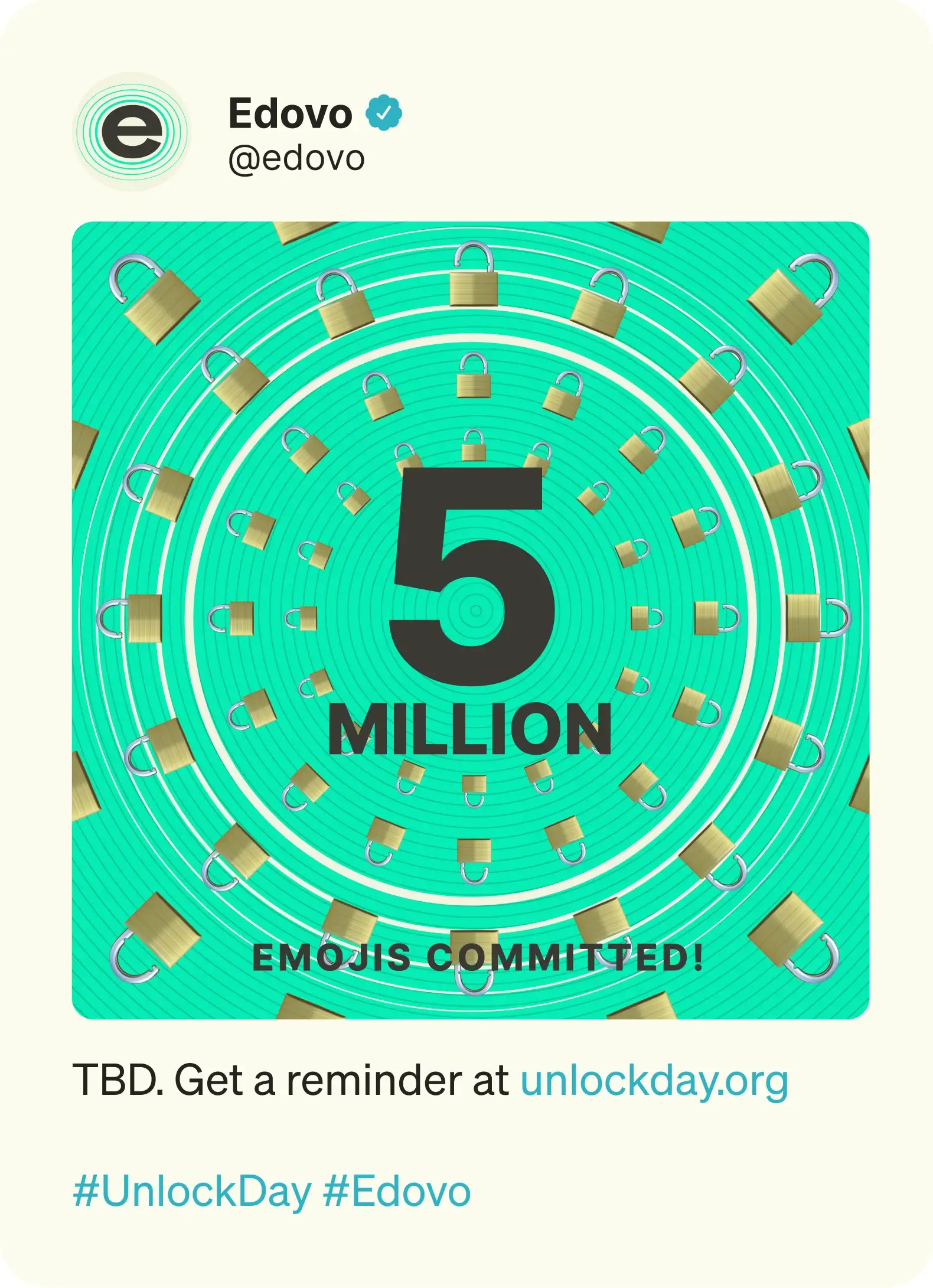 Edovo post with ‘5 million emojis committed!’ in a ring of padlocks on a mint green background