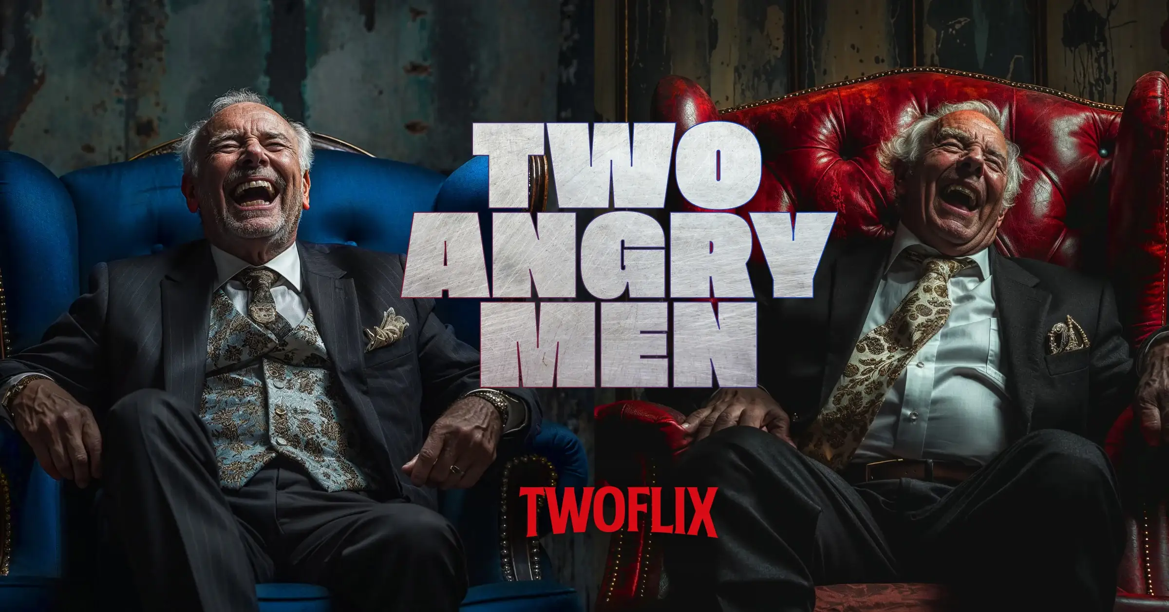 Two Angry Men poster: two politicians laughing in red and blue armchairs