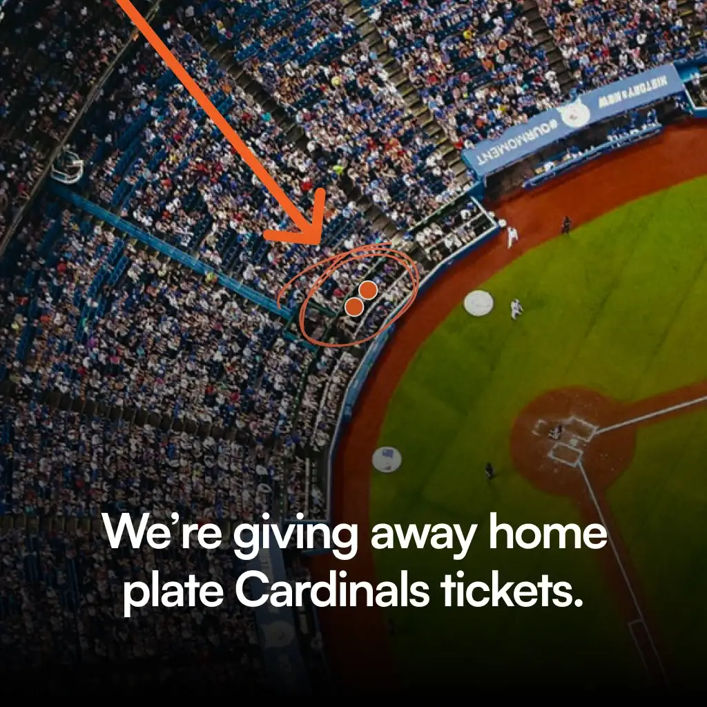 Giveaway ad over an aerial shot of the ballpark: 'We're giving away home plate Cardinals tickets'
