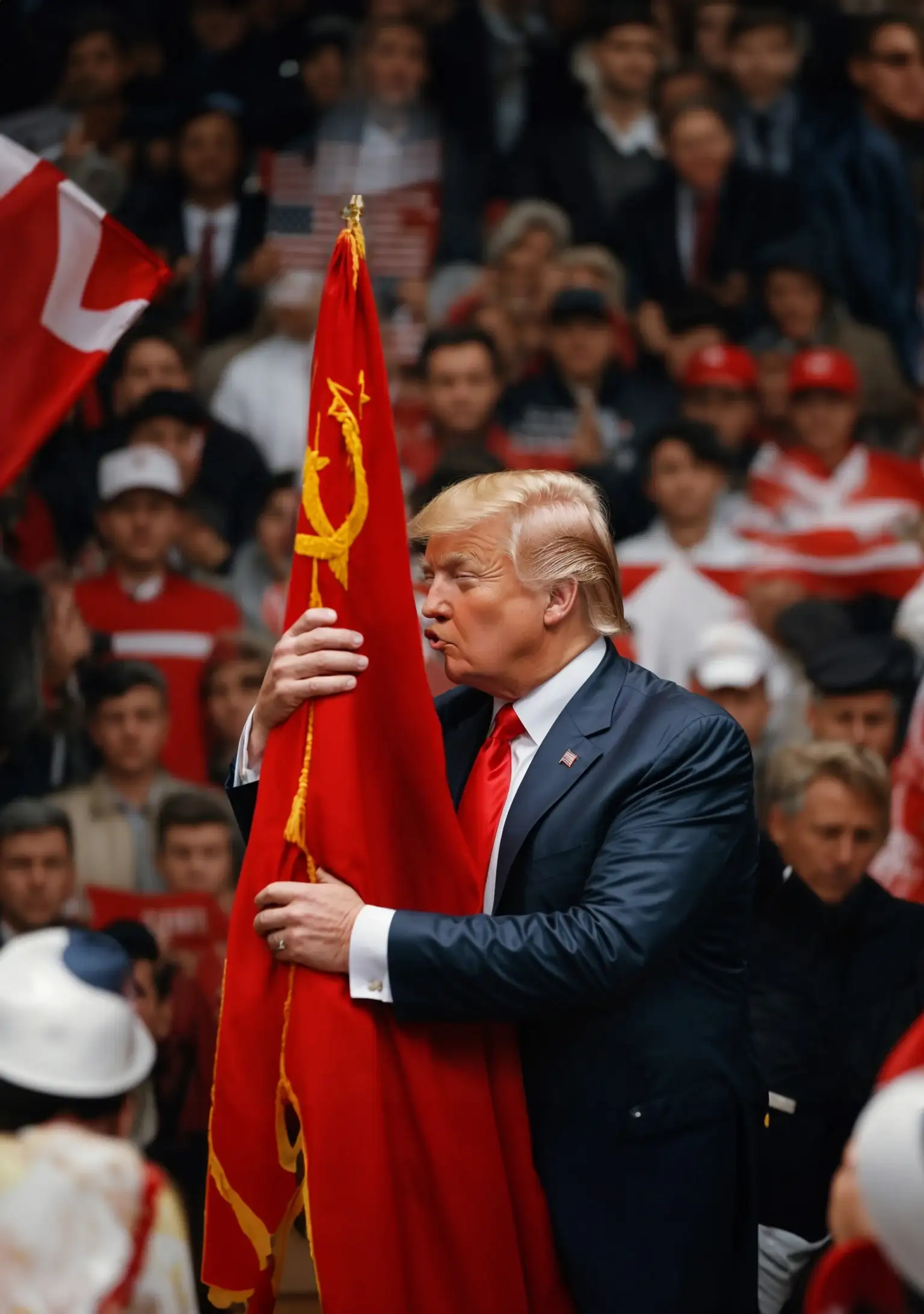 Trump embracing a Soviet flag (unlabeled art)