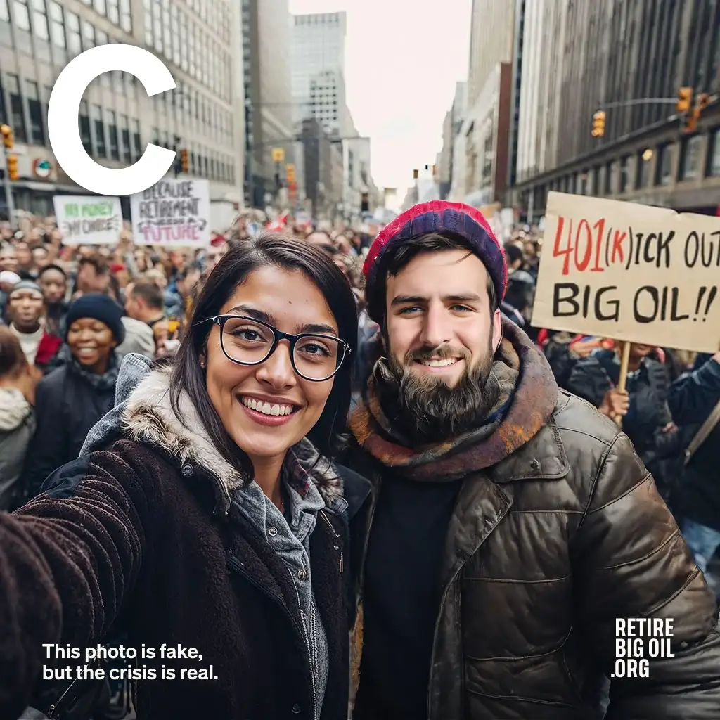 Two generated marchers take a selfie in front of a ‘401(k)ick out Big Oil!!’ sign on a crowded street