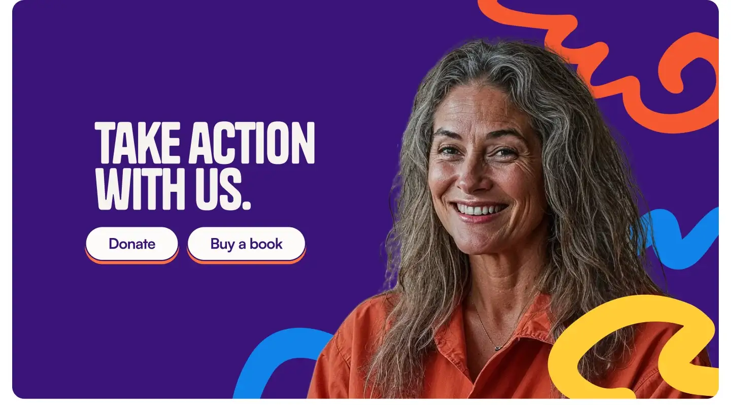 Website section: 'Take action with us', with Donate and Buy a book buttons