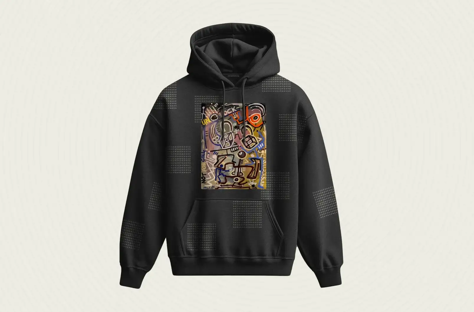 The Eight Thousand Ninety Four hoodie laid flat: black, with Halim Flowers’ painting on the front and patches of tiny locks