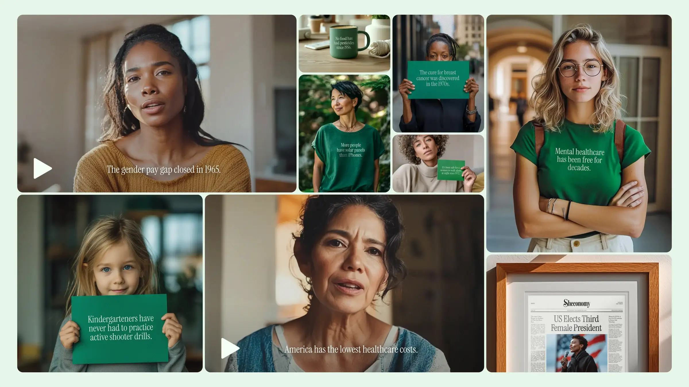 A grid of stills from the launch film: women of different ages holding green alternate-history cards, beside a framed front page