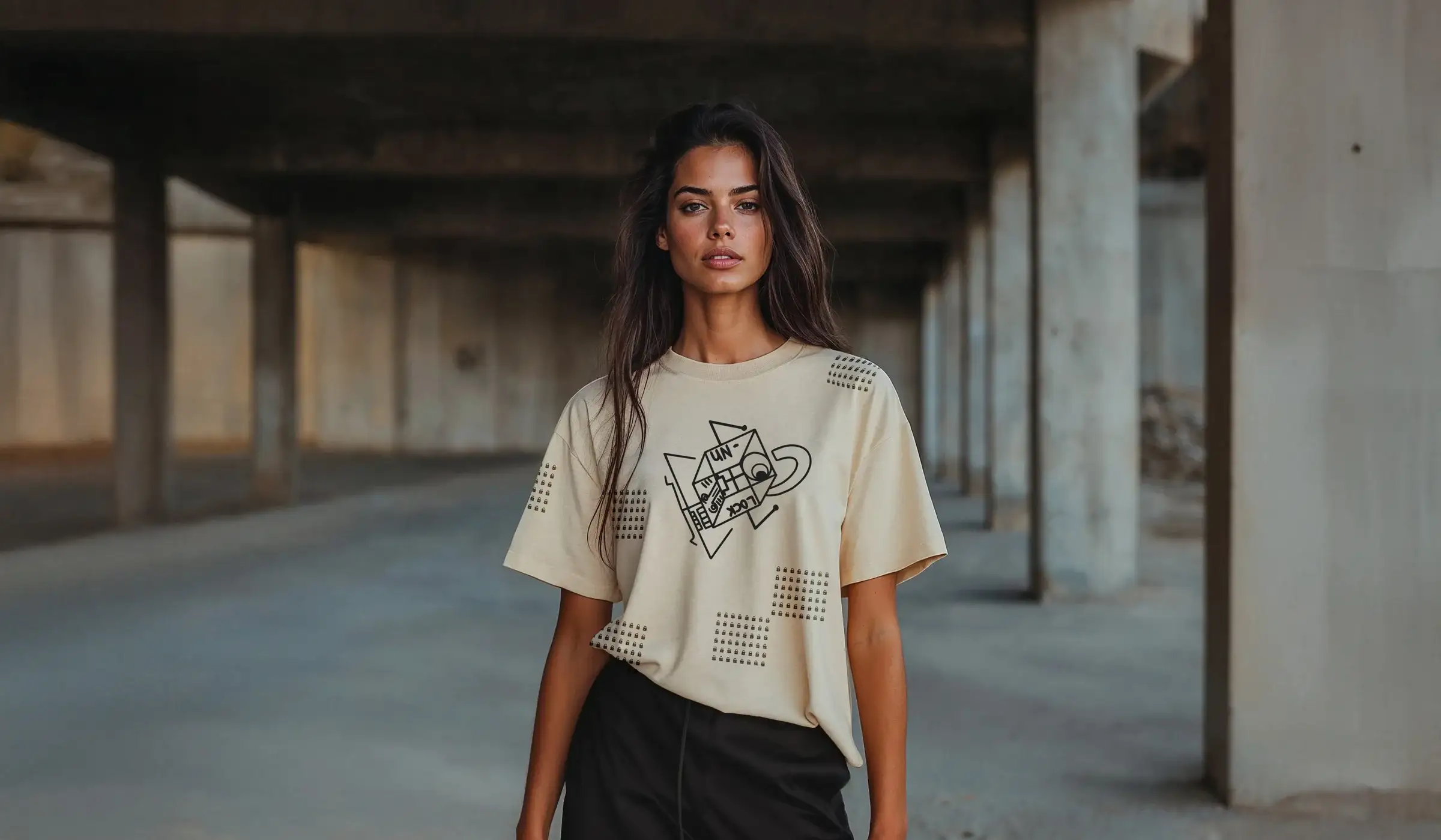 A model in a cream Unlock tee scattered with small lock patches, standing in a concrete colonnade