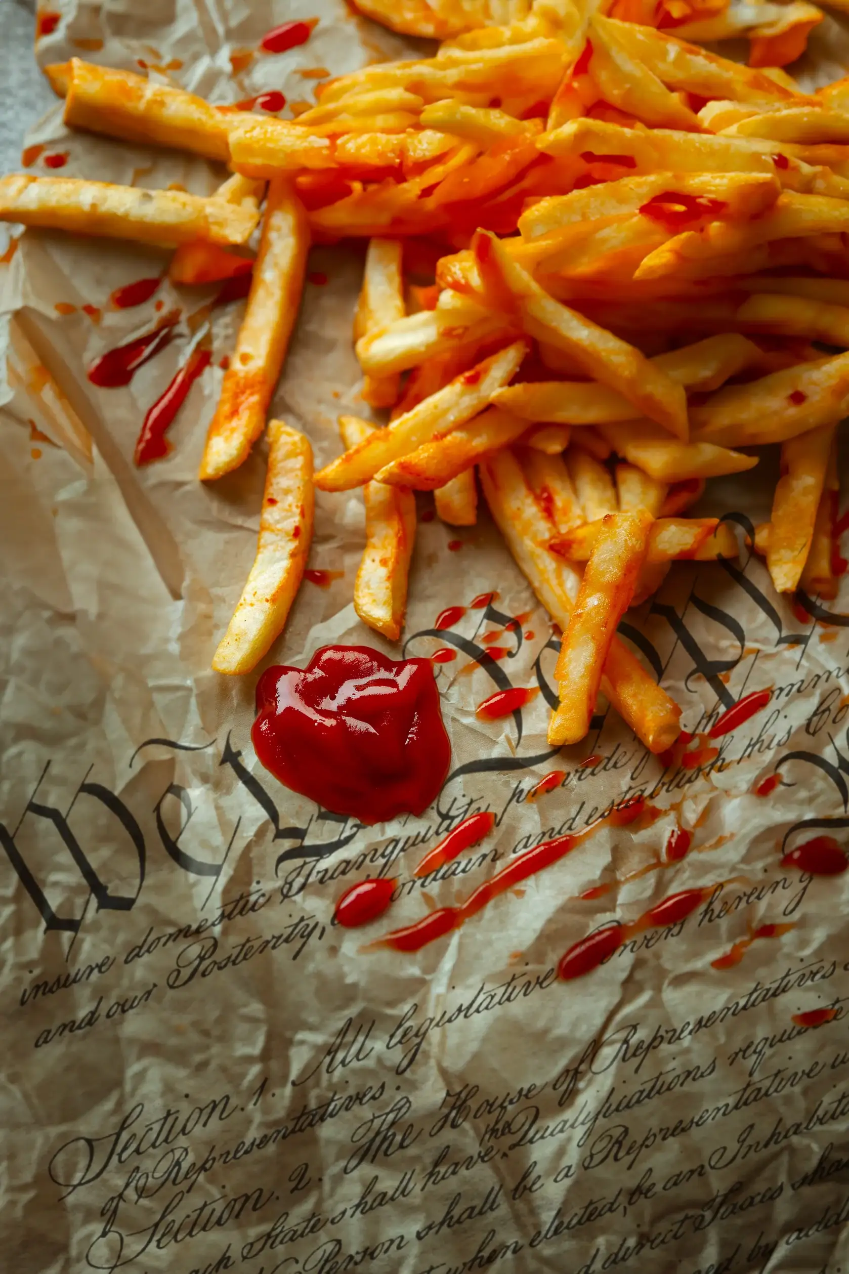 Concept art for the 'Whitehouse Lunch, Jan 6, 2021' card: fries and ketchup smeared on the Constitution