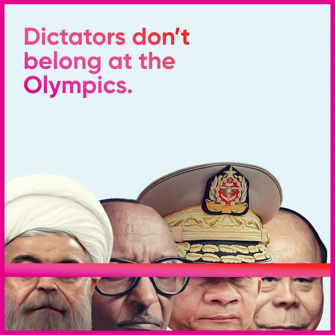 Social post: 'Dictators don't belong at the Olympics' over a row of dictators' faces