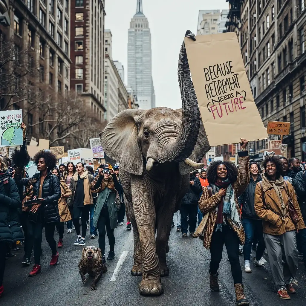A generated elephant marches down a Manhattan avenue with protesters, holding a ‘Because retirement needs a future’ sign in its trunk