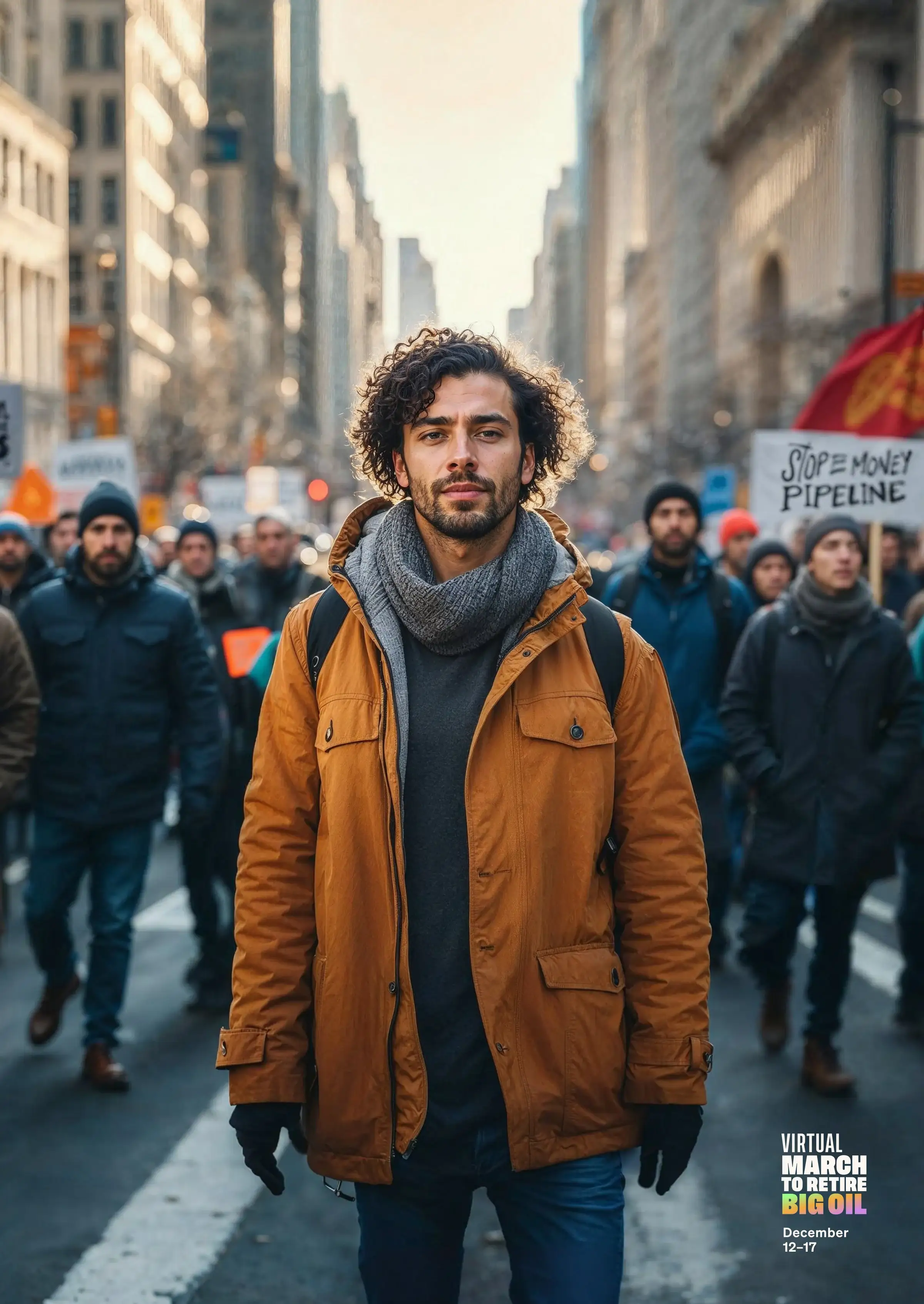 Poster for the Virtual March to Retire Big Oil: a lone marcher in an orange jacket stands in a crowded Wall Street