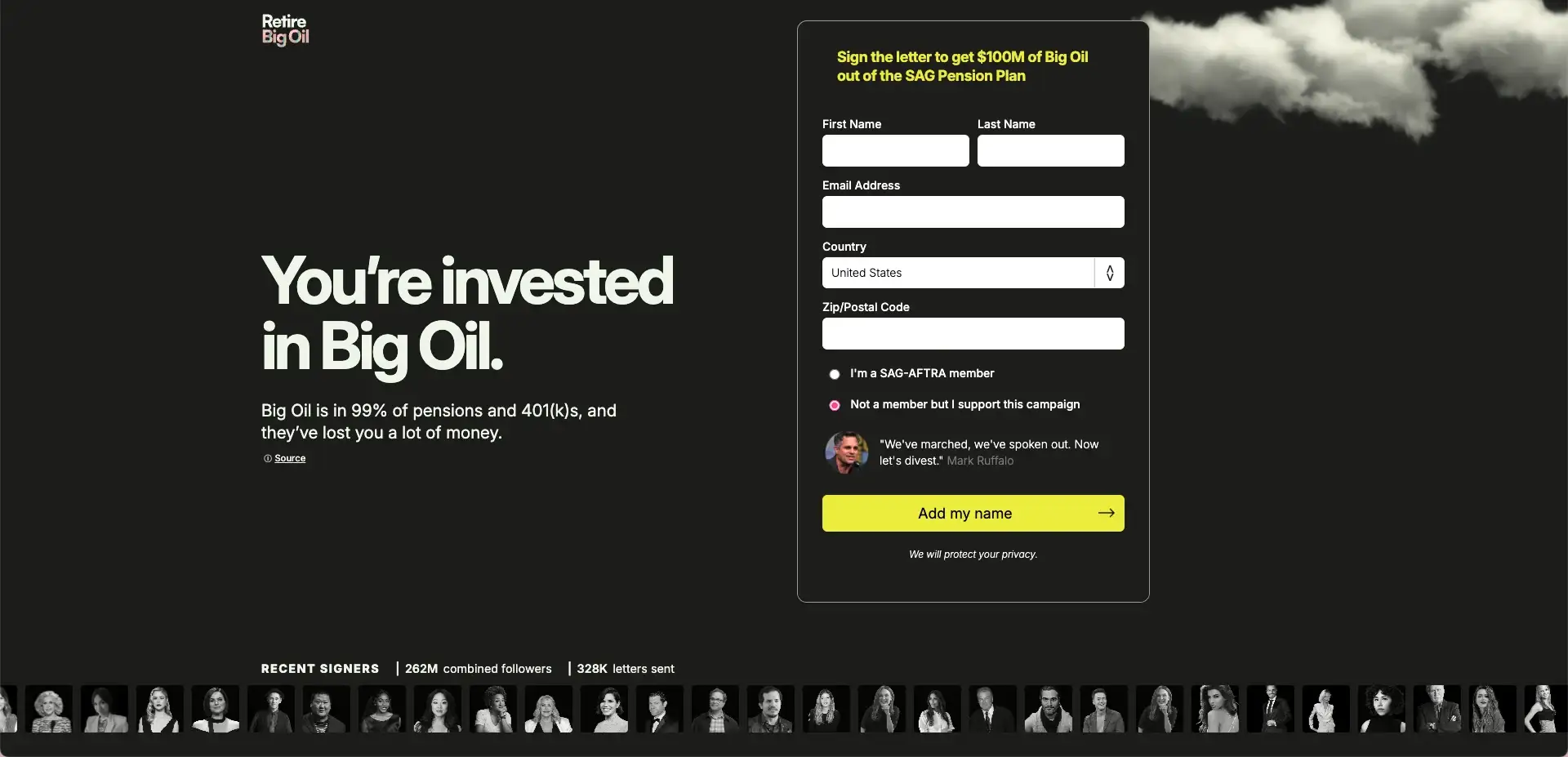RetireBigOil.org homepage: 'You're invested in Big Oil', with a sign-the-letter form