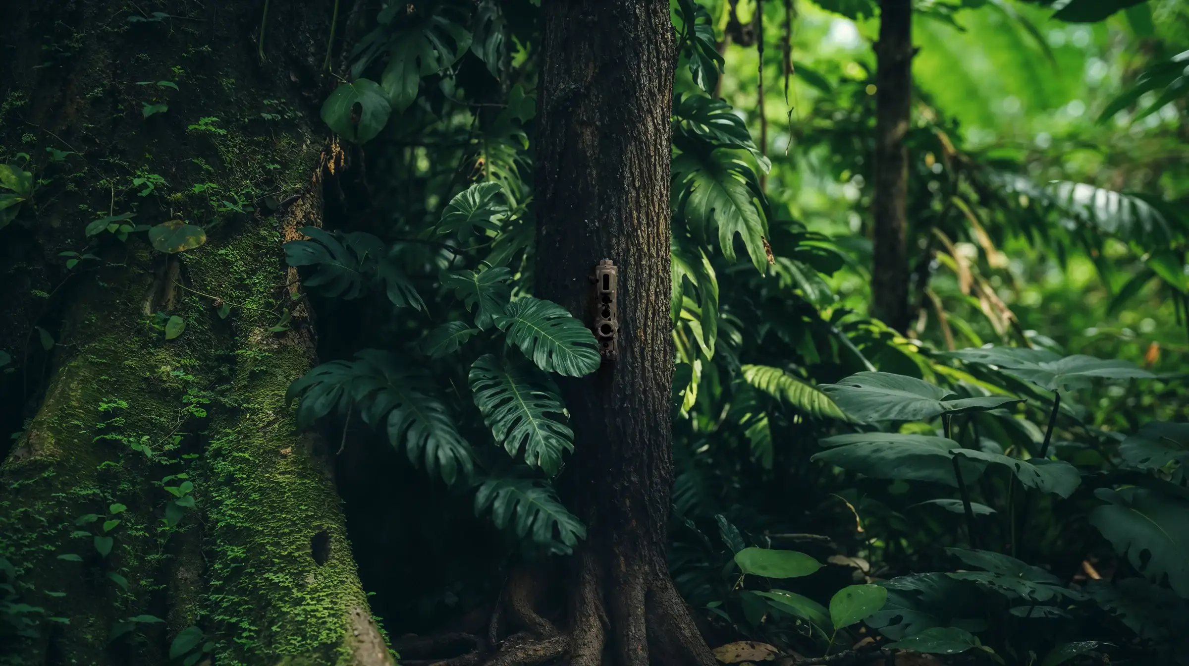 TrailGuard camera product render in a forest