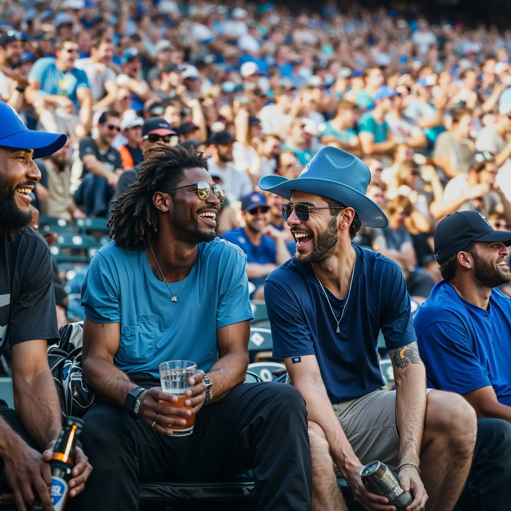 Pre-launch key visual of two fans laughing together (illustrative, not the real participants)